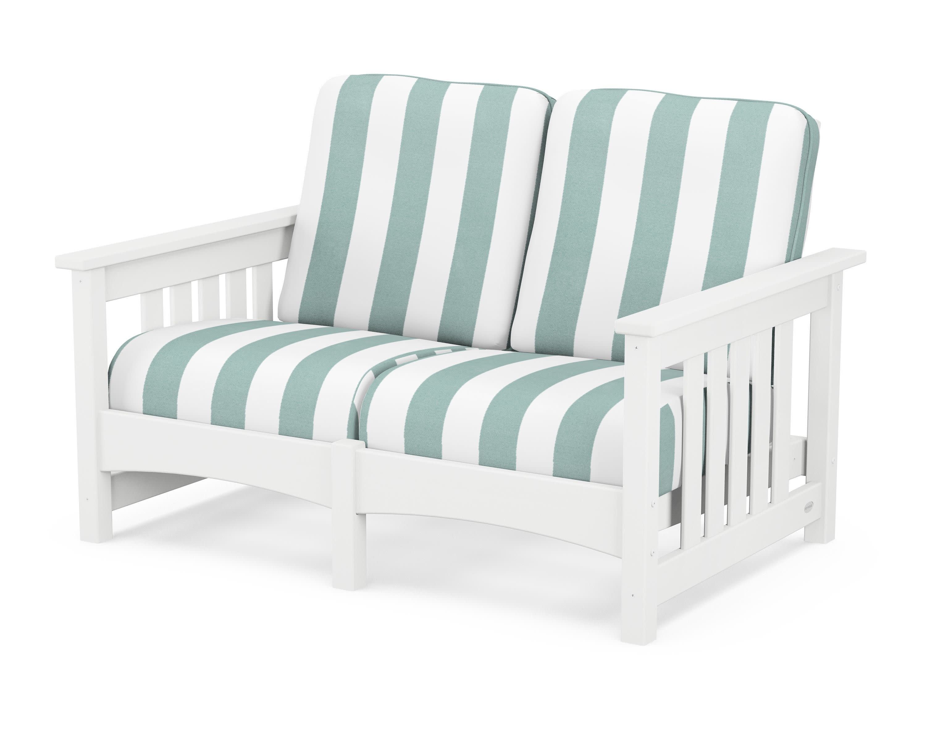 Club Mission Loveseat in White / Cabana Stripe Glacier Spa