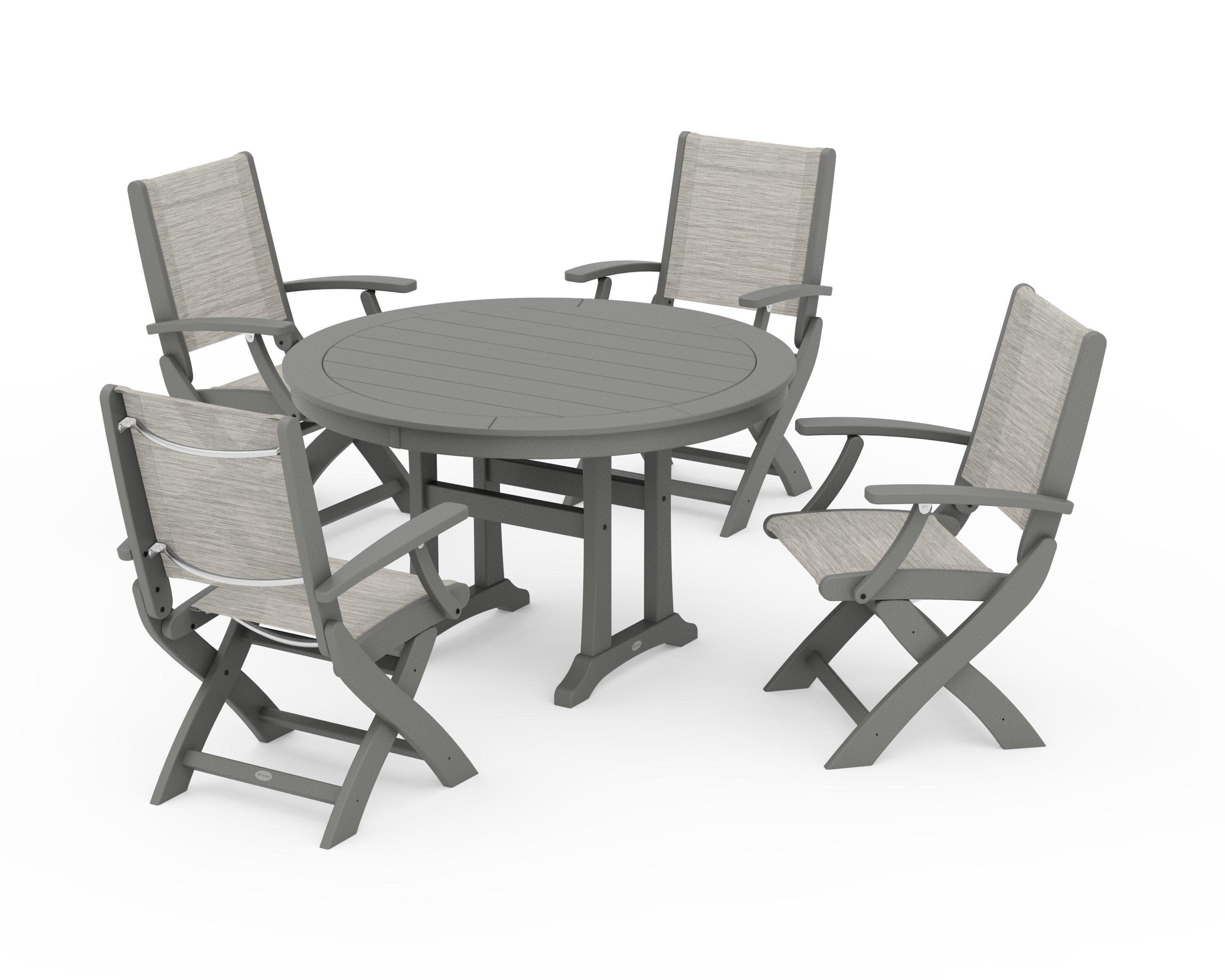 Coastal Folding Chair 5-Piece Round Dining Set with Trestle Legs in Slate Grey / Birch Sling