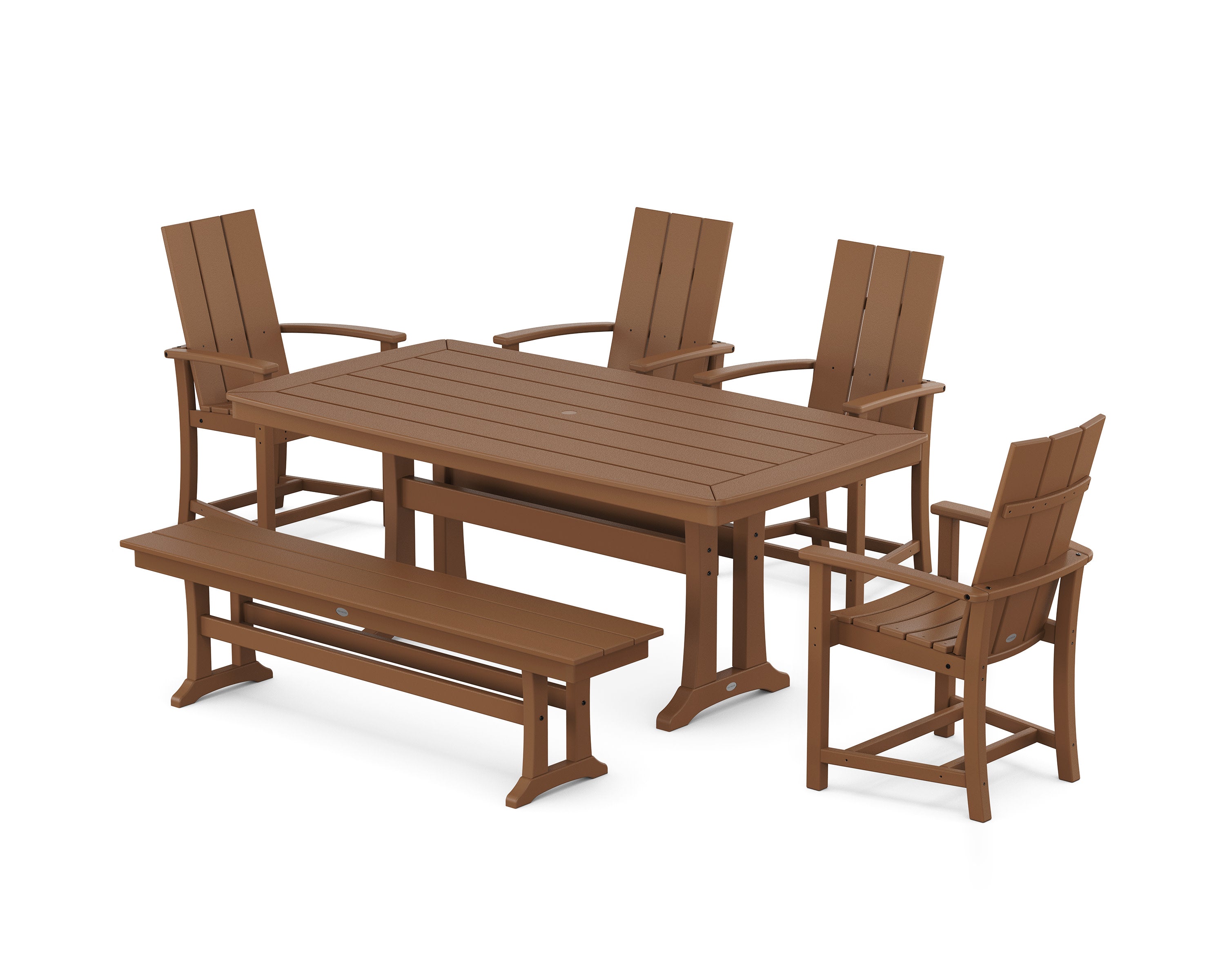 Modern Adirondack 6-Piece Dining Set with Trestle Legs and Bench in Teak