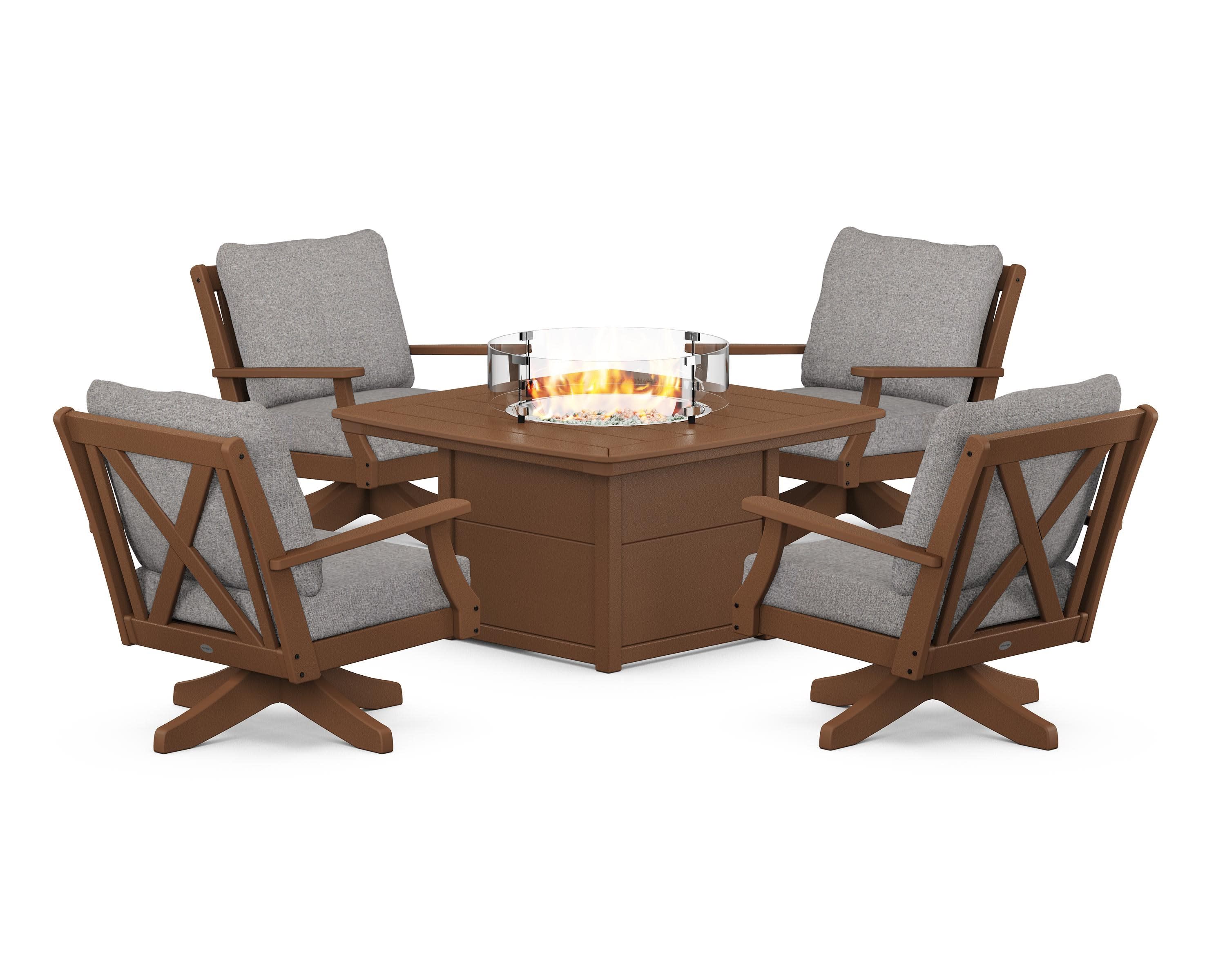 Braxton 5-Piece Deep Seating Swivel Conversation Set with Fire Pit Table in Teak / Grey Mist