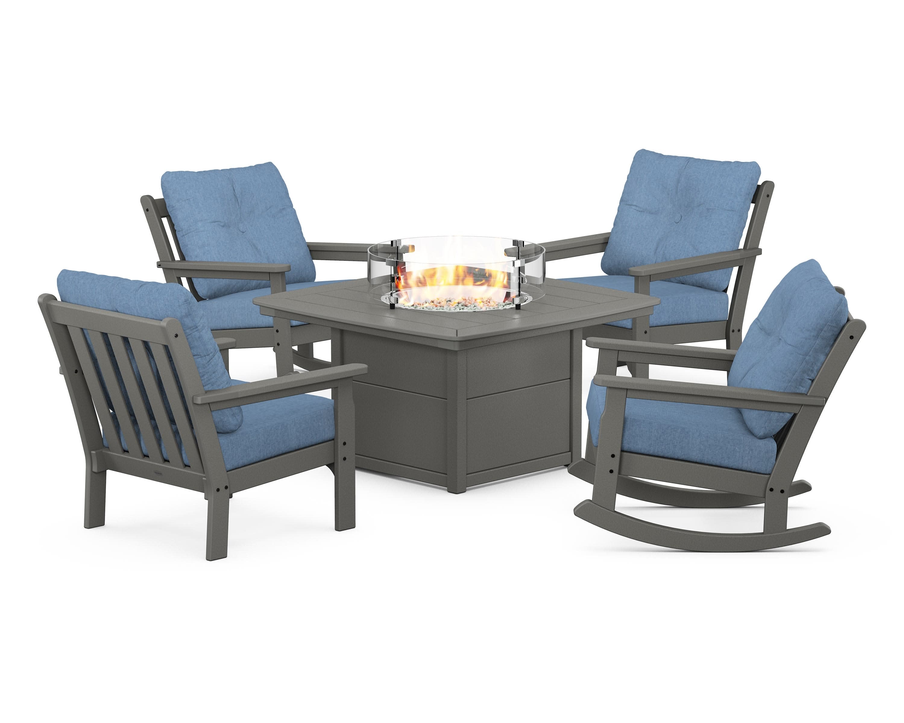 Vineyard 5-Piece Deep Seating Rocking Chair Conversation Set with Fire Pit Table in Slate Grey / Sky Blue