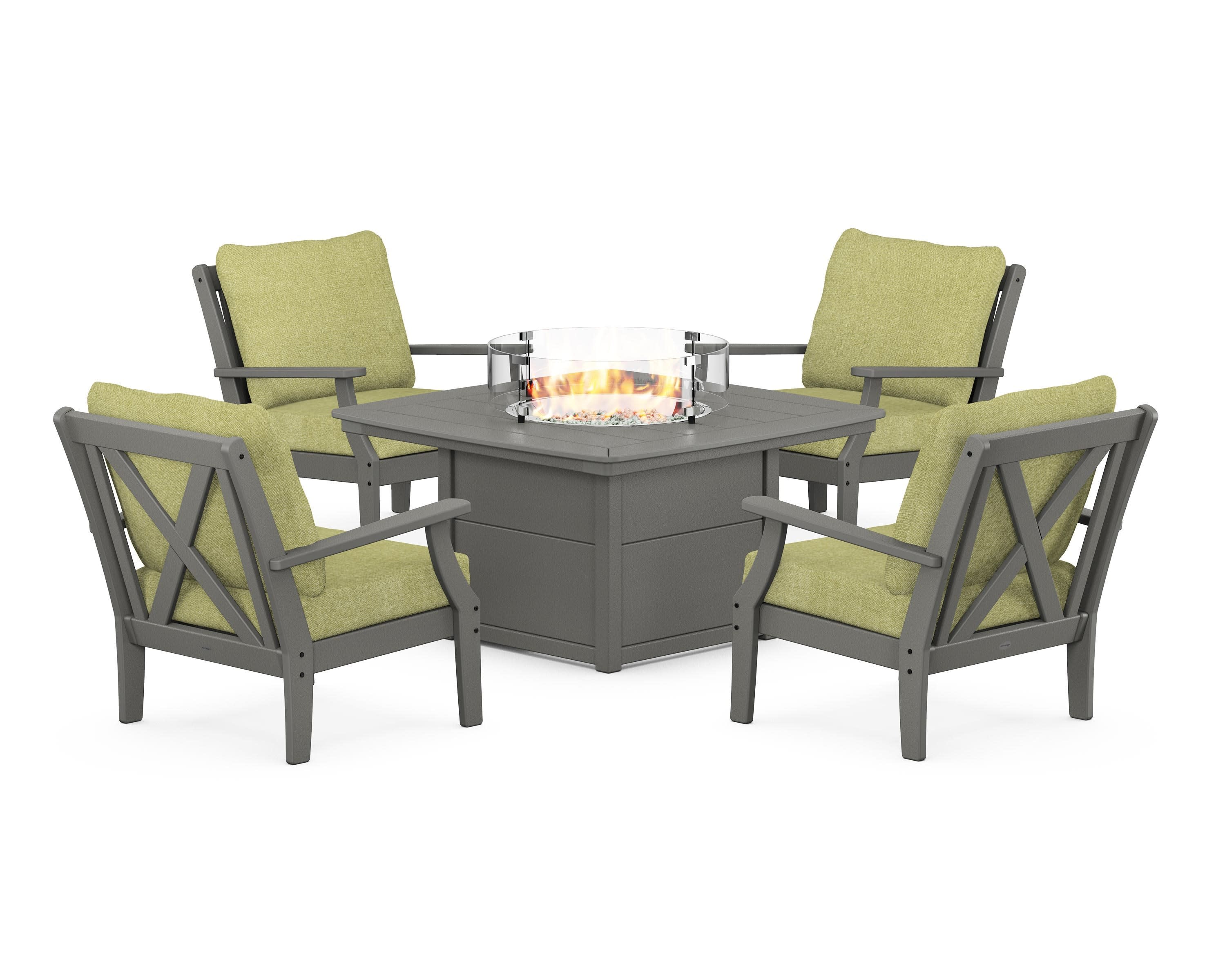Braxton 5-Piece Deep Seating Conversation Set with Fire Pit Table in Slate Grey / Chartreuse Boucle