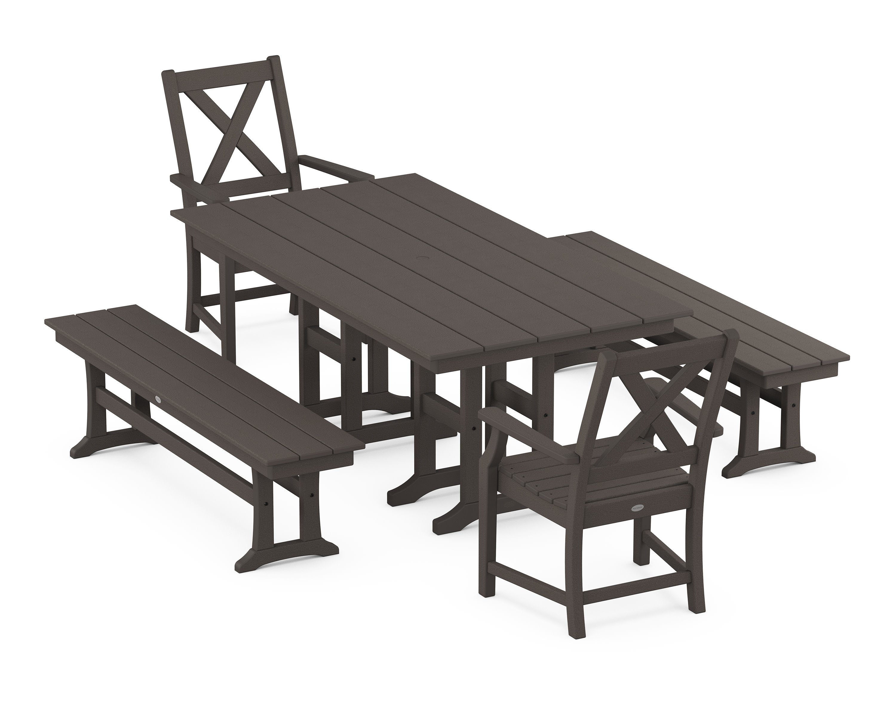 Braxton 5-Piece Farmhouse Dining Set with Benches in Vintage Coffee