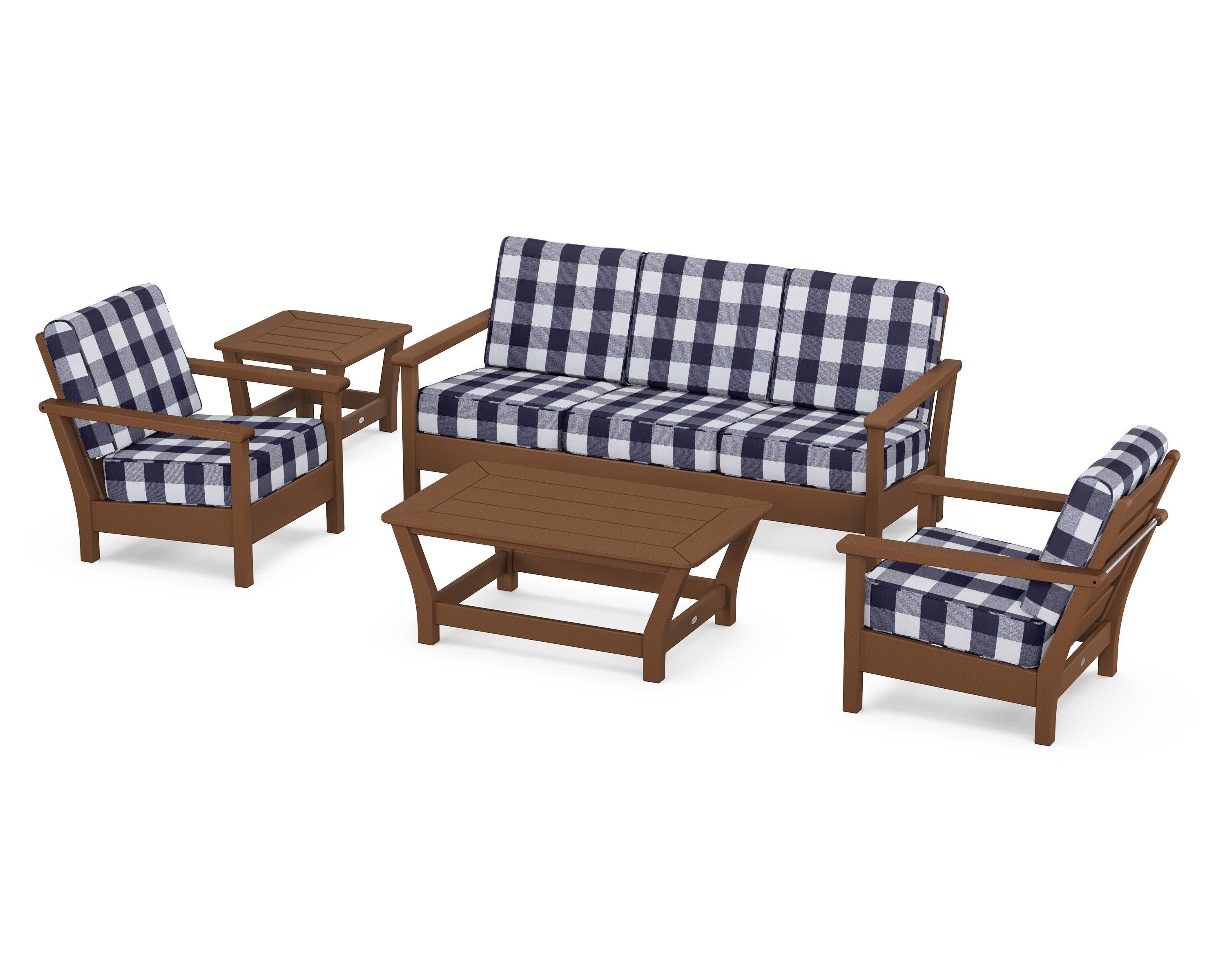 Harbour 5-Piece Deep Seating Set in Teak / Buffalo Plaid Navy