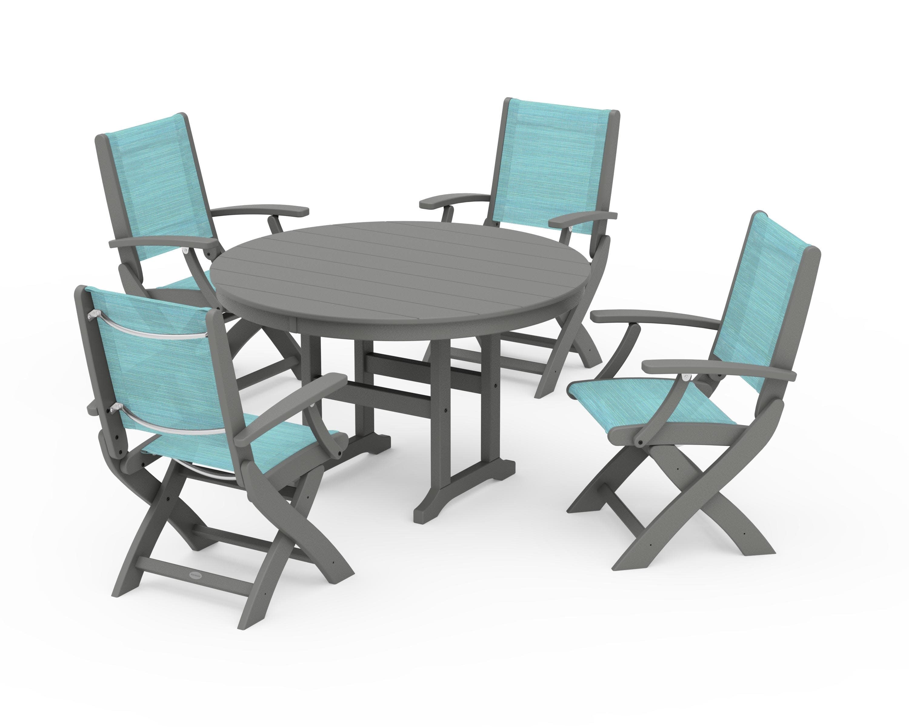 Coastal Folding Chair 5-Piece Round Dining Set in Slate Grey / Dupioni Aquamarine Sling