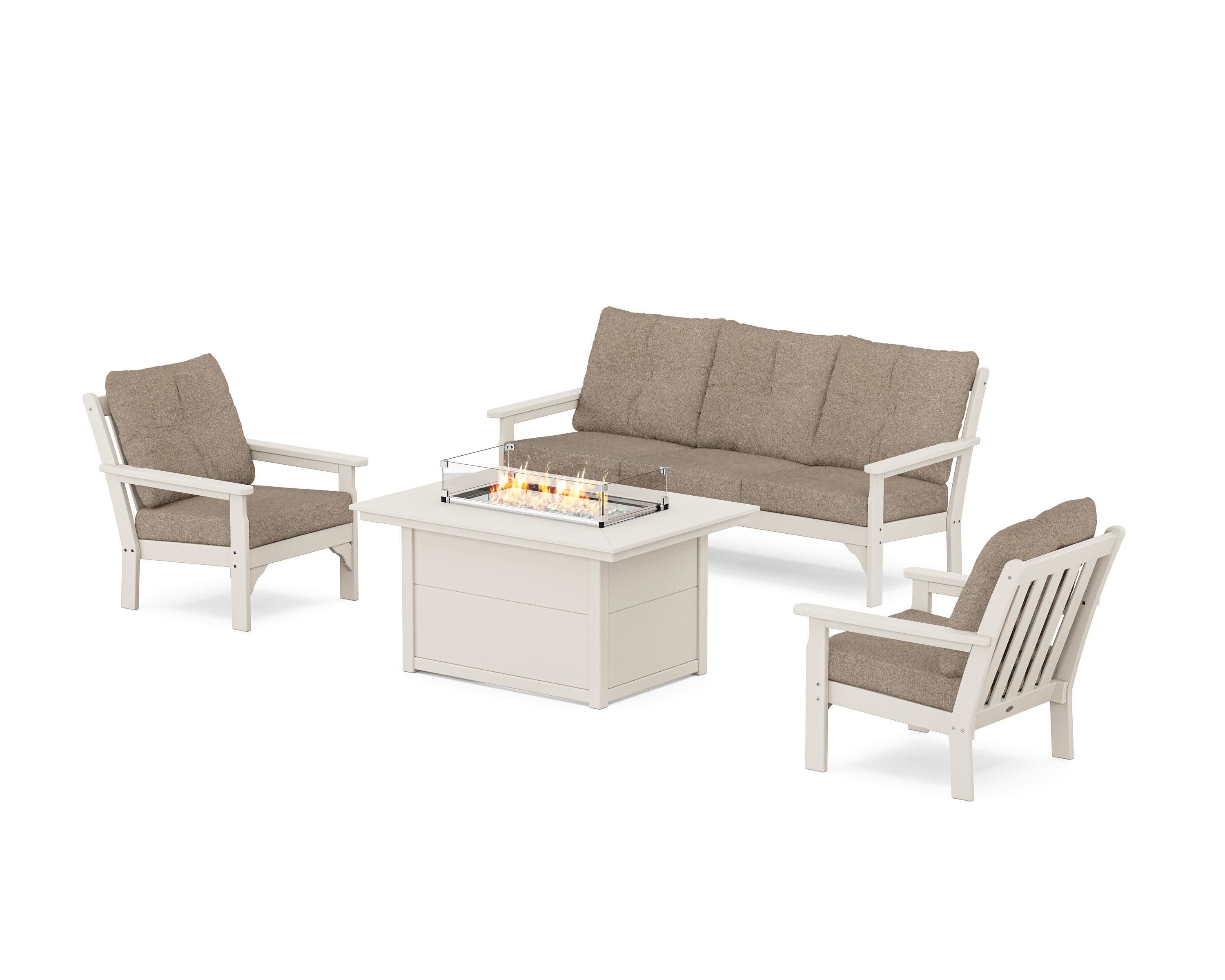 Vineyard Deep Seating Fire Pit Table Set in Sand / Spiced Burlap
