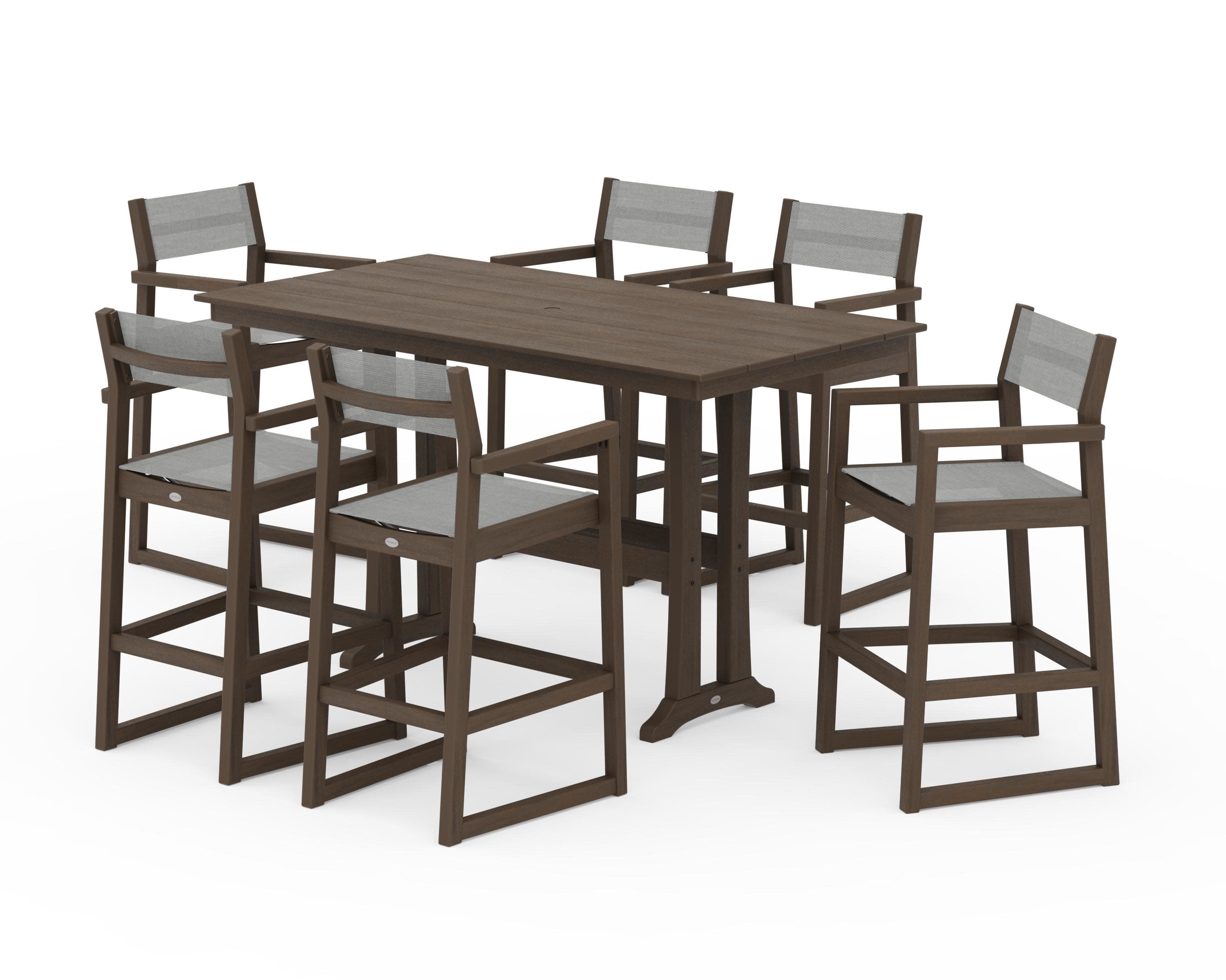 EDGE Sling Arm Chair 7-Piece Farmhouse Bar Set with Trestle Legs in Kona / Metallic Sling
