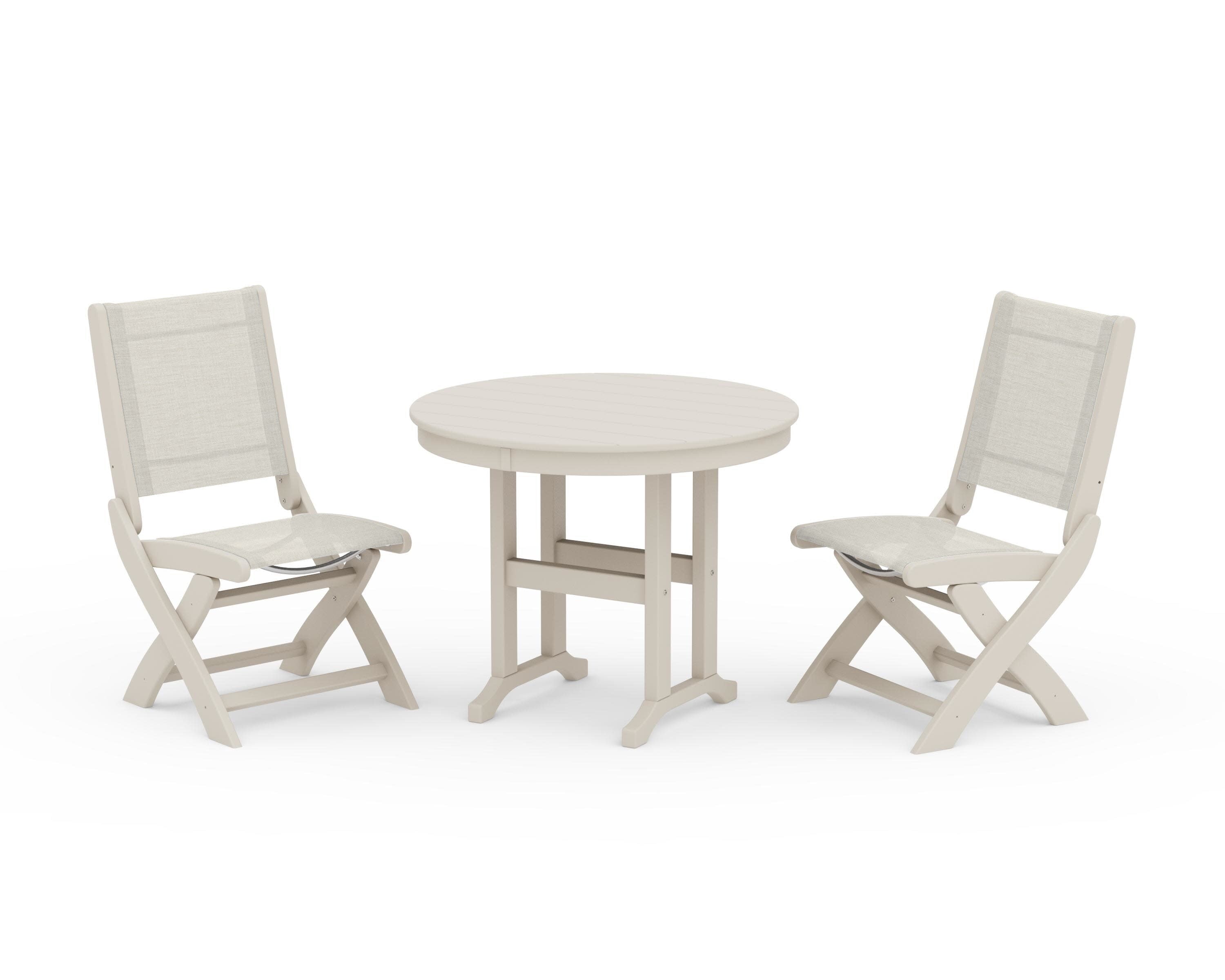 Coastal Folding Side Chair 3-Piece Round Dining Set in Sand / Parchment Sling
