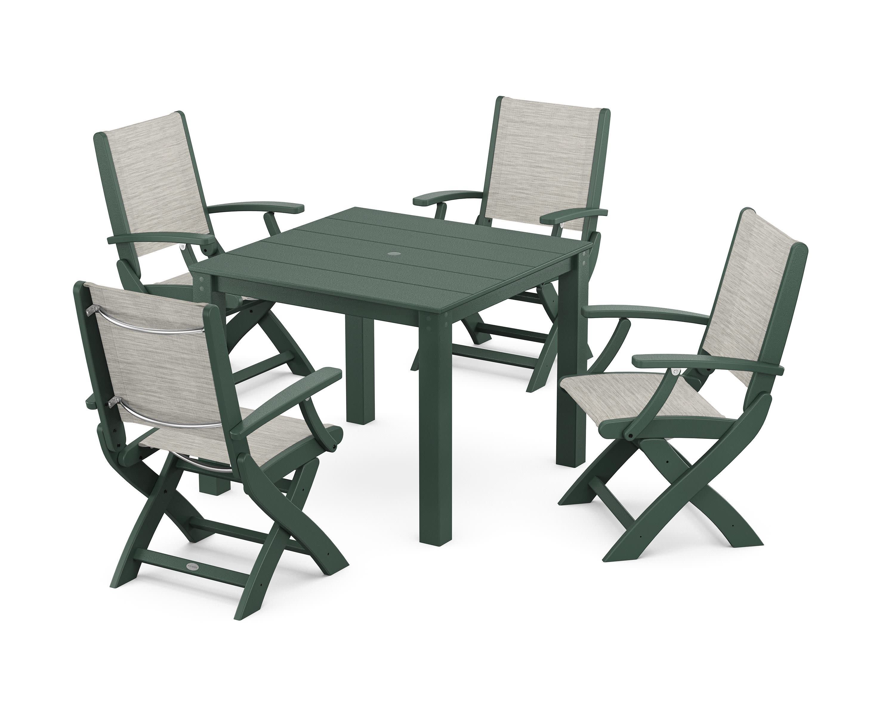 Coastal Folding Chair 5-Piece Parsons Dining Set in Green / Birch Sling