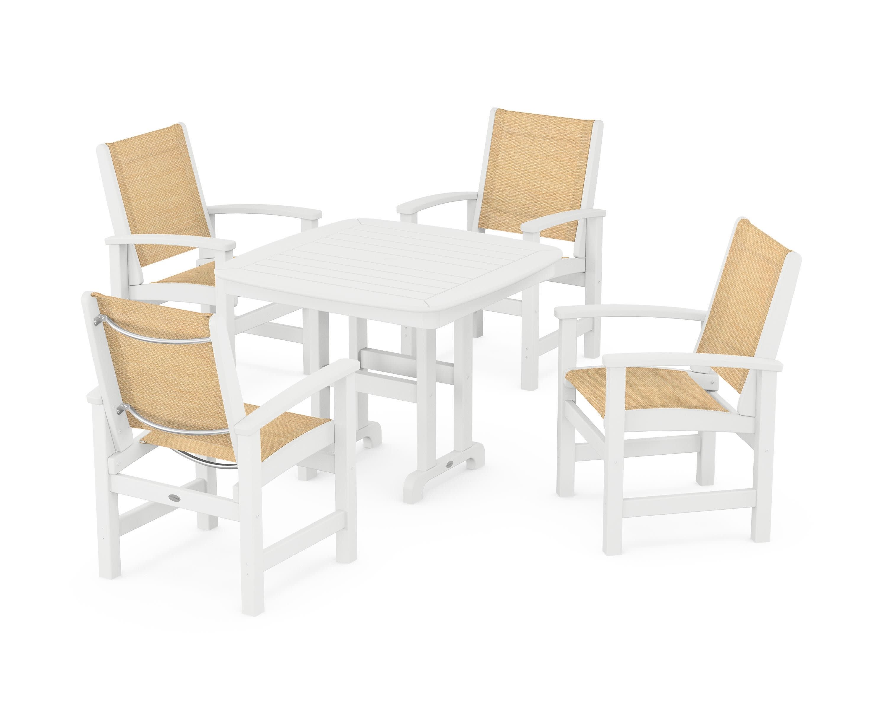 Coastal 5-Piece Dining Set in White / Dupioni Apricot Sling