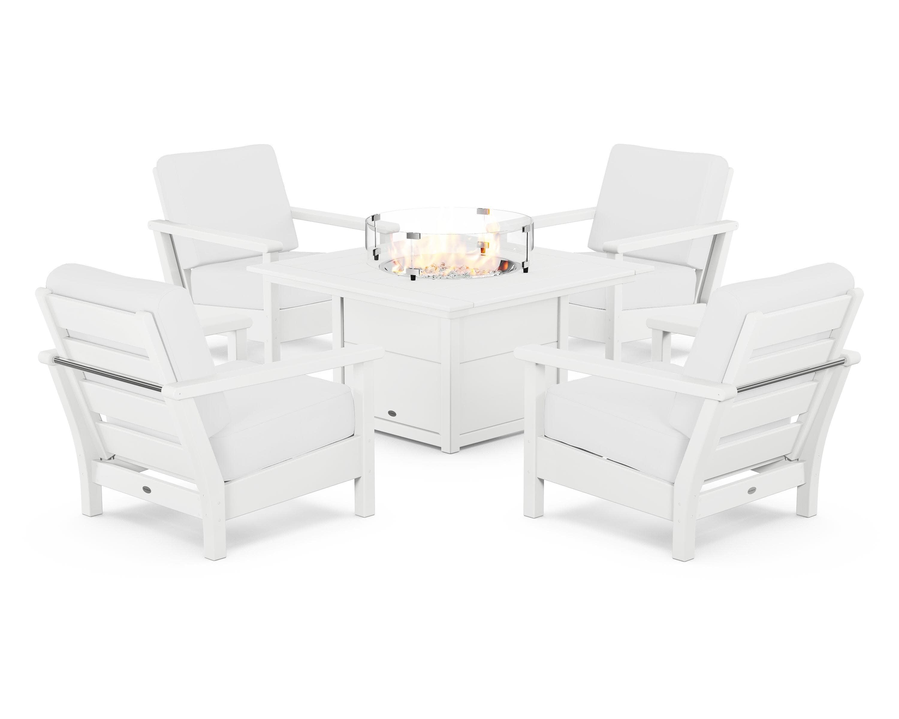Harbour 5-Piece Conversation Set with Fire Pit Table in White / Natural