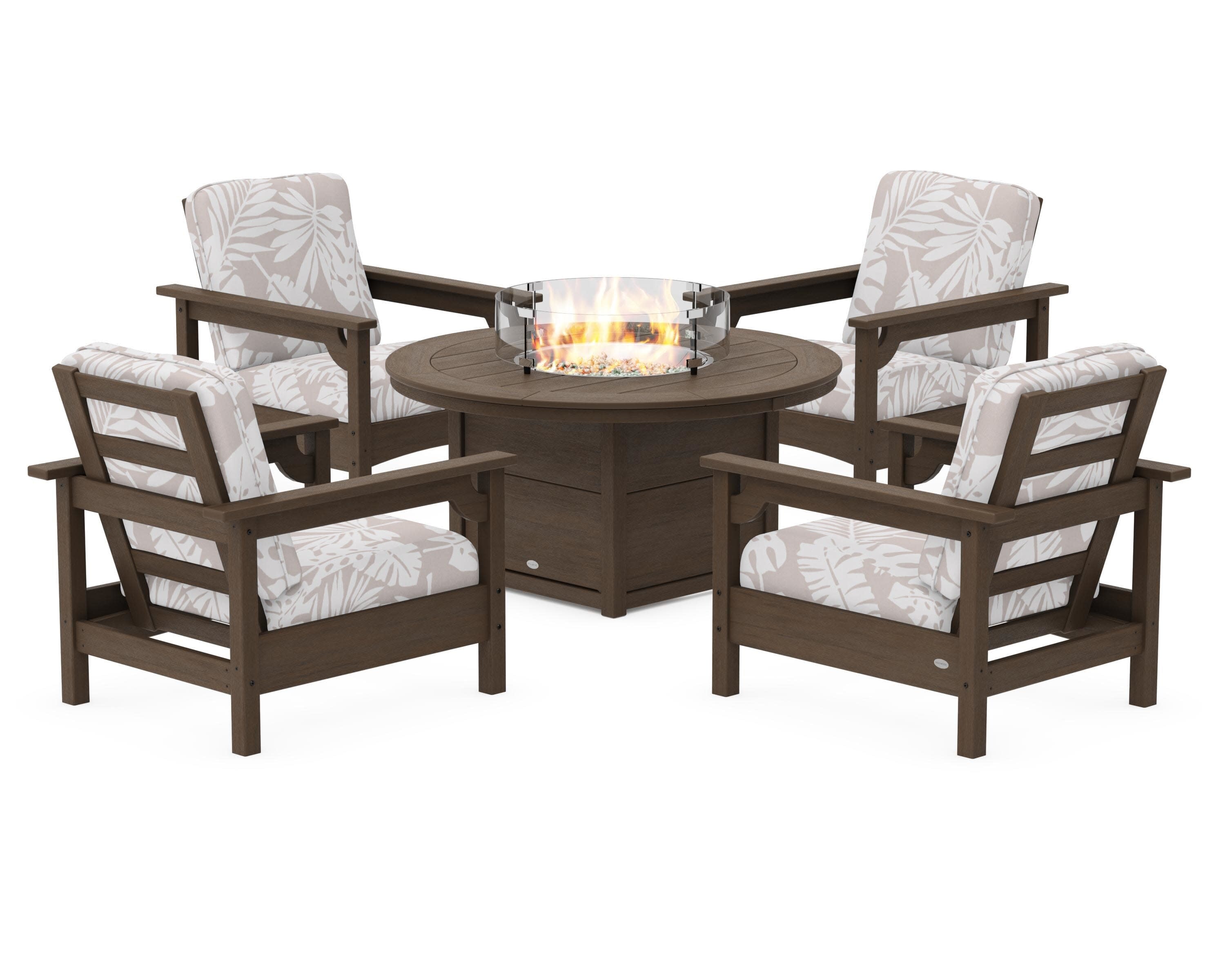 Club 5-Piece Conversation Set with Fire Pit Table in Kona / Leaf Dune Burlap