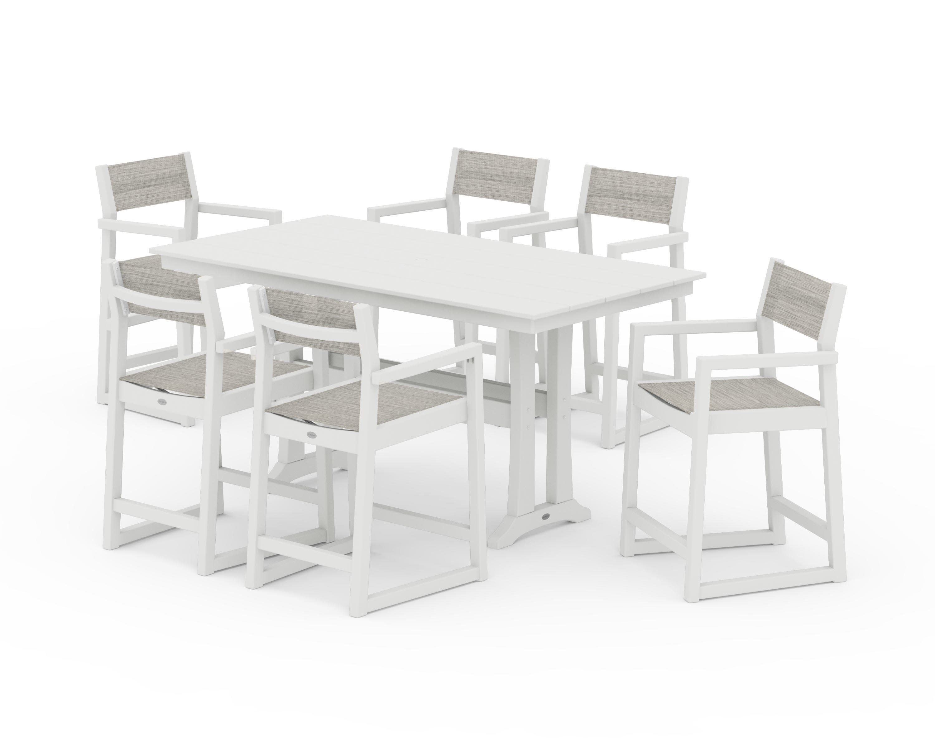EDGE Sling Arm Chair 7-Piece Farmhouse Counter Set with Trestle Legs in Vintage White / Birch Sling