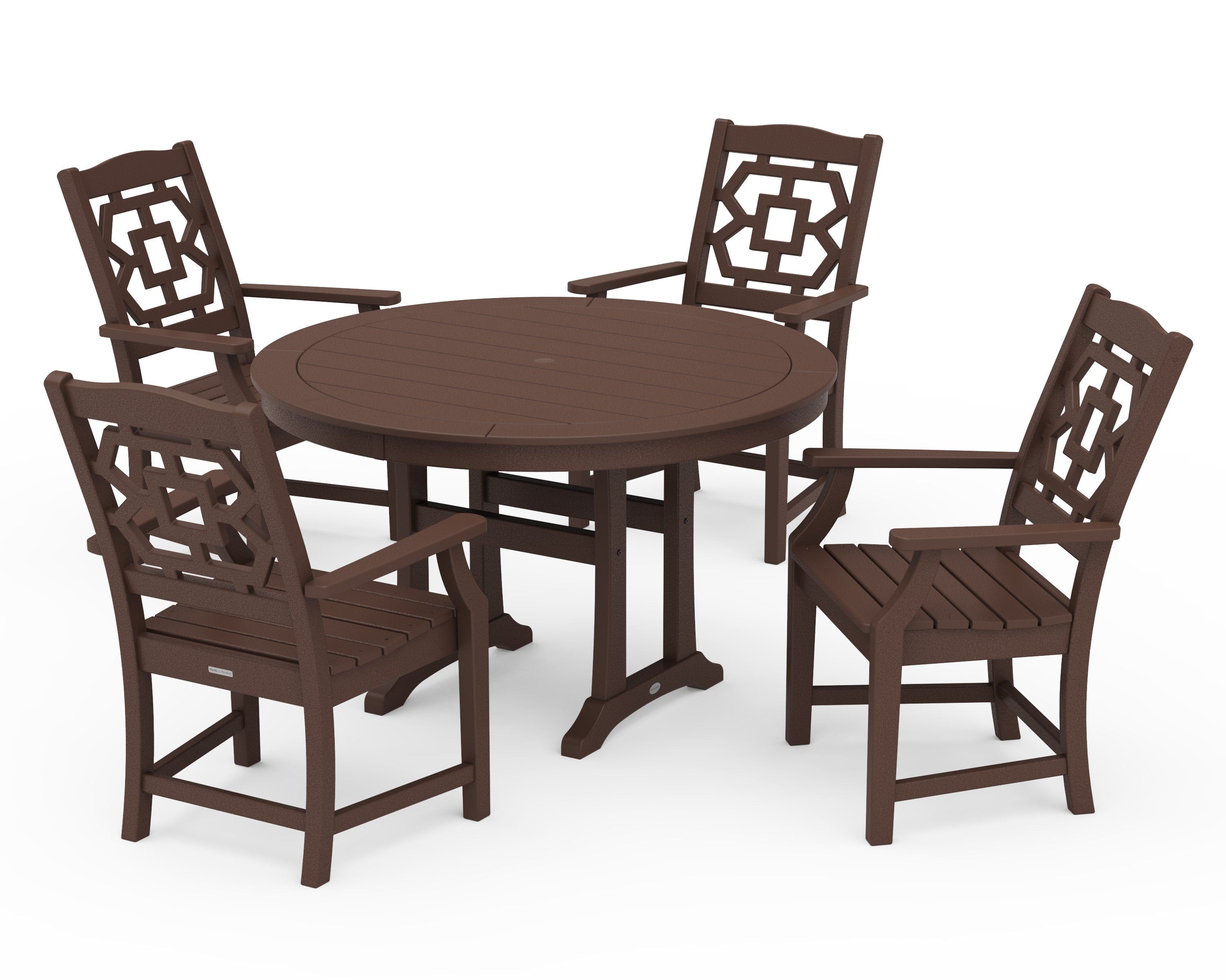 Chinoiserie 5-Piece Round Dining Set with Trestle Legs in Mahogany
