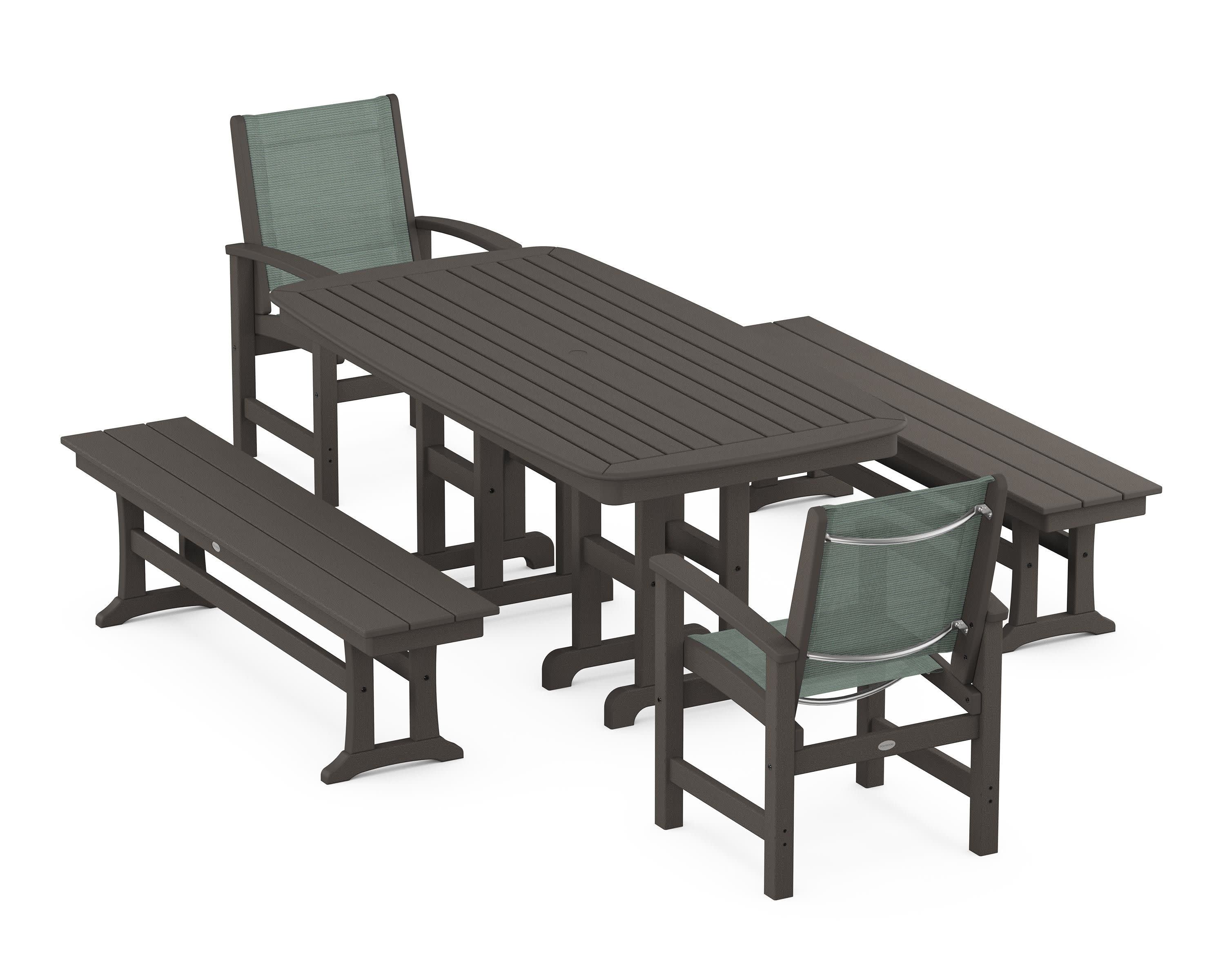 Coastal 5-Piece Dining Set in Vintage Coffee / Dupioni Sea Mist Sling
