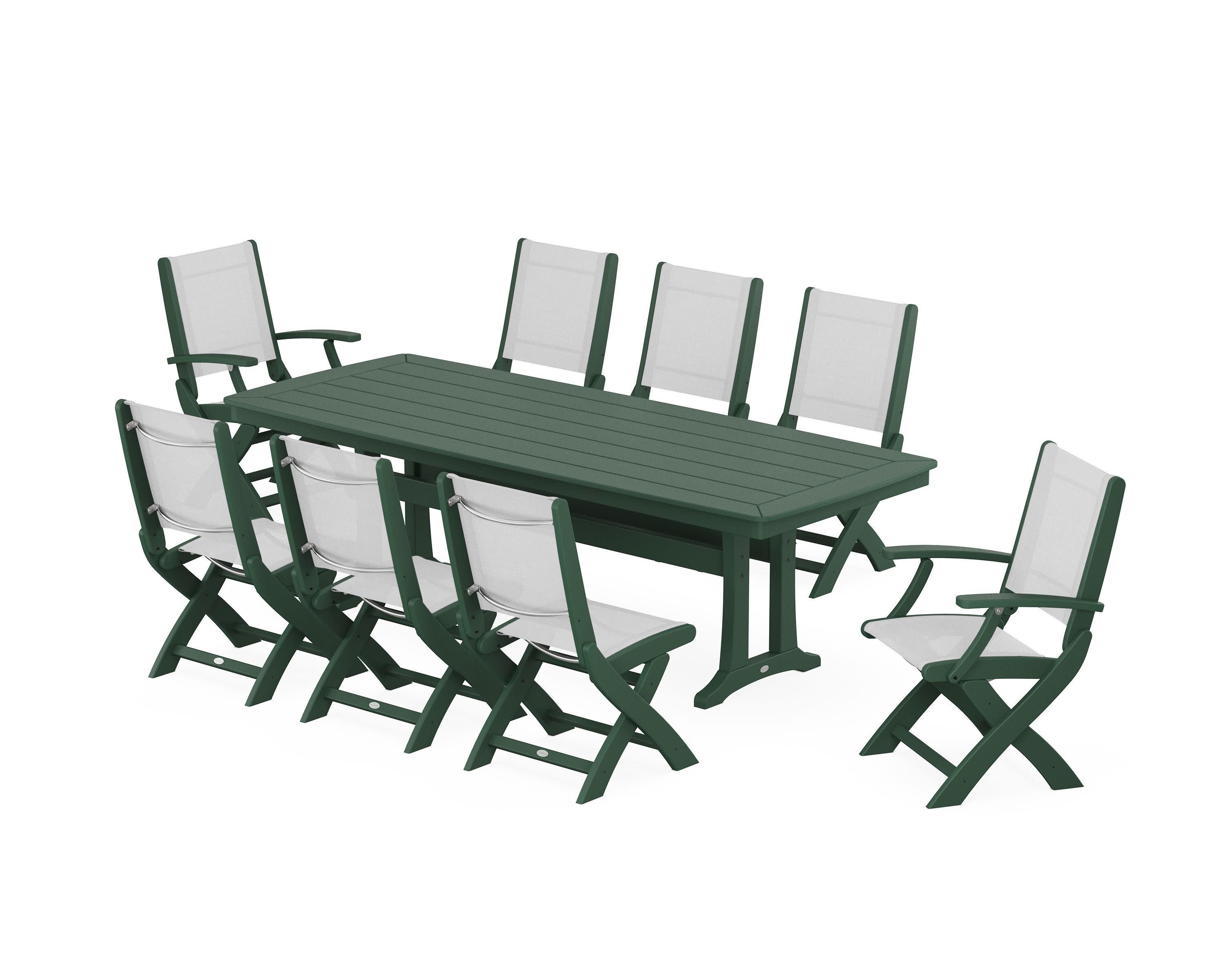 Coastal Folding 9-Piece Dining Set with Trestle Legs in Green / White Sling