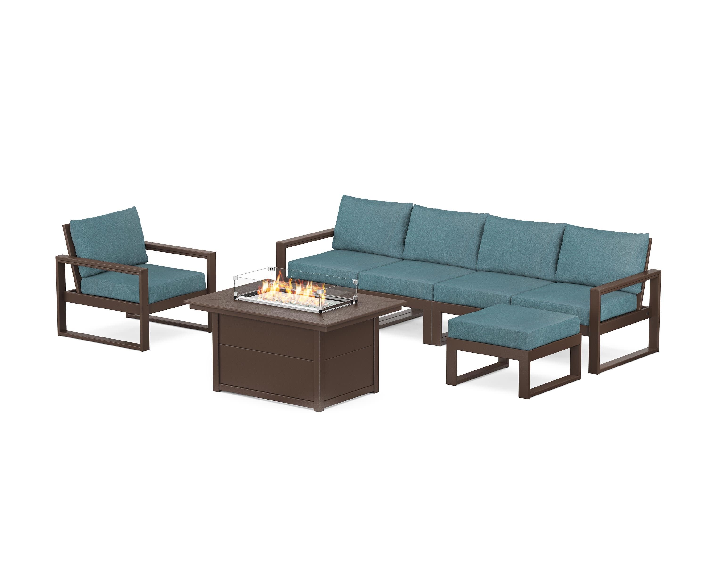 EDGE Sectional Lounge and Fire Pit Set in Mahogany / Ocean Teal