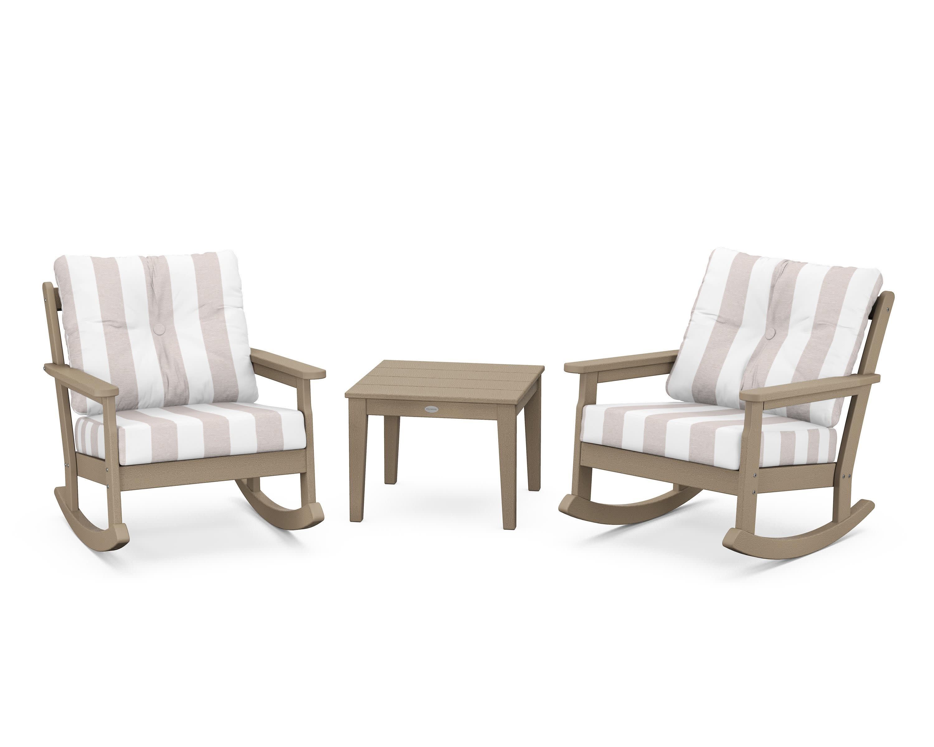 Vineyard 3-Piece Deep Seating Rocker Set in Vintage Sahara / Cabana Stripe Dune Burlap