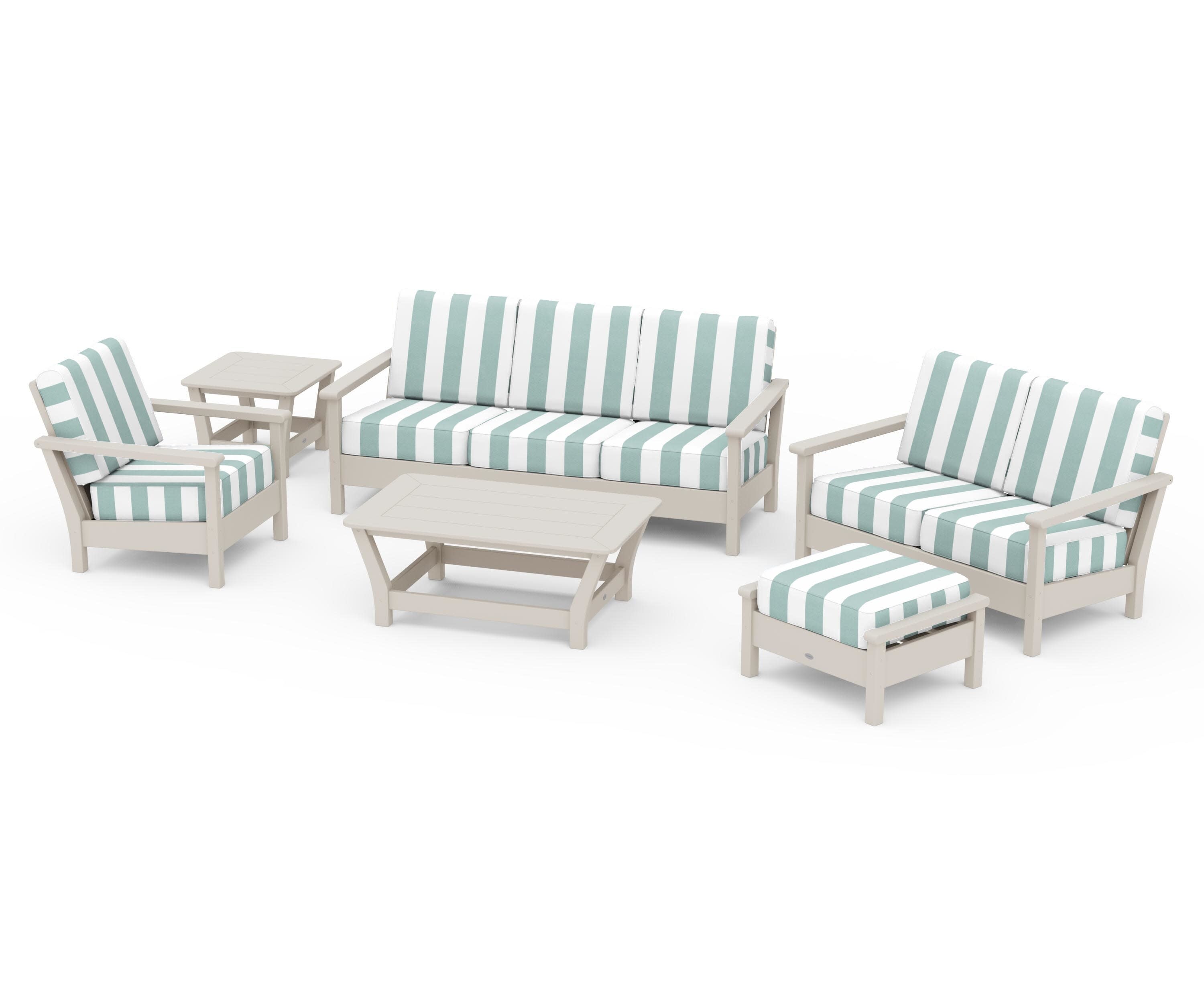 Harbour 6-Piece Outdoor Living Set in Sand / Cabana Stripe Glacier Spa
