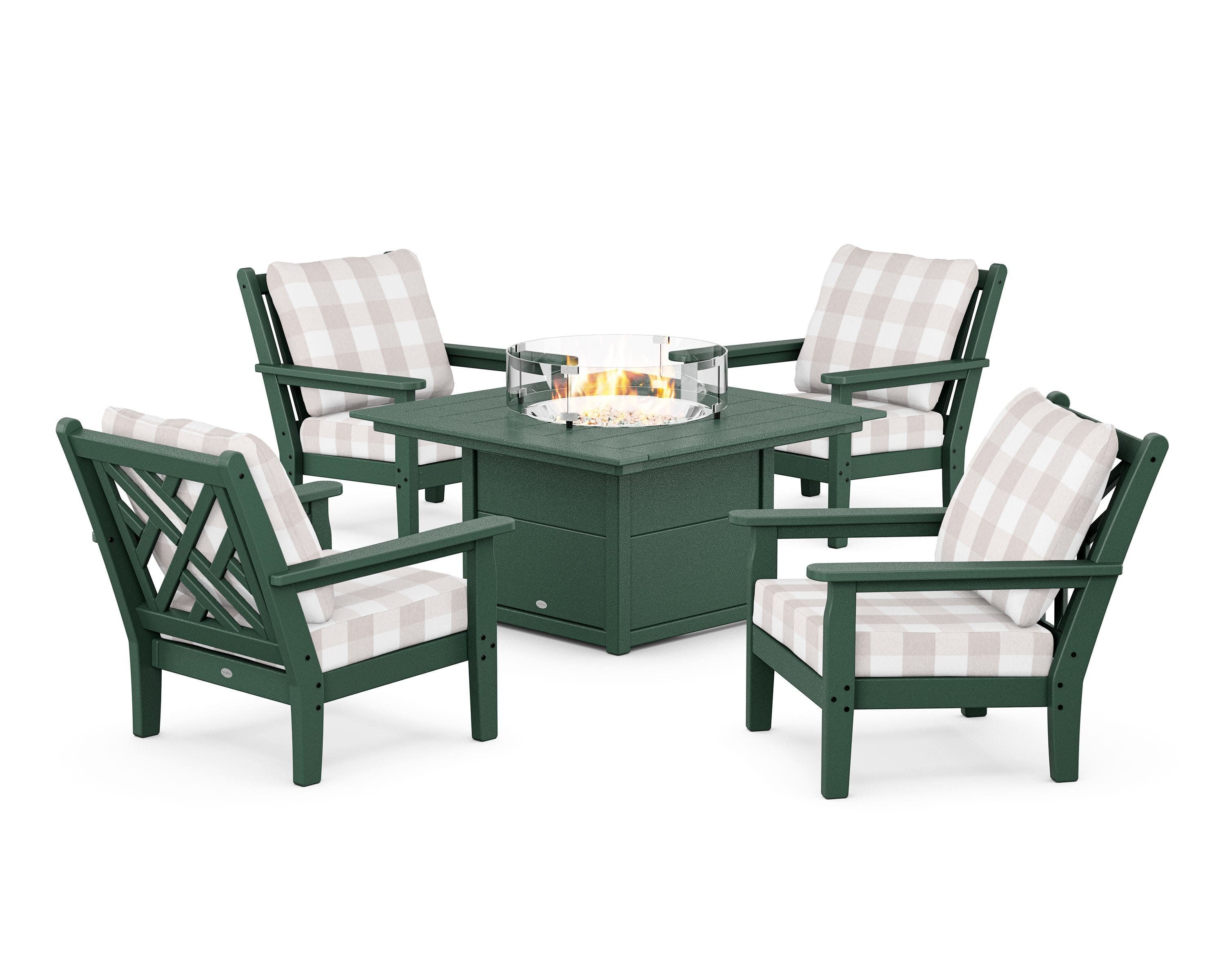 Chippendale 5-Piece Deep Seating Set with Fire Pit Table in Green / Buffalo Plaid Dune Burlap