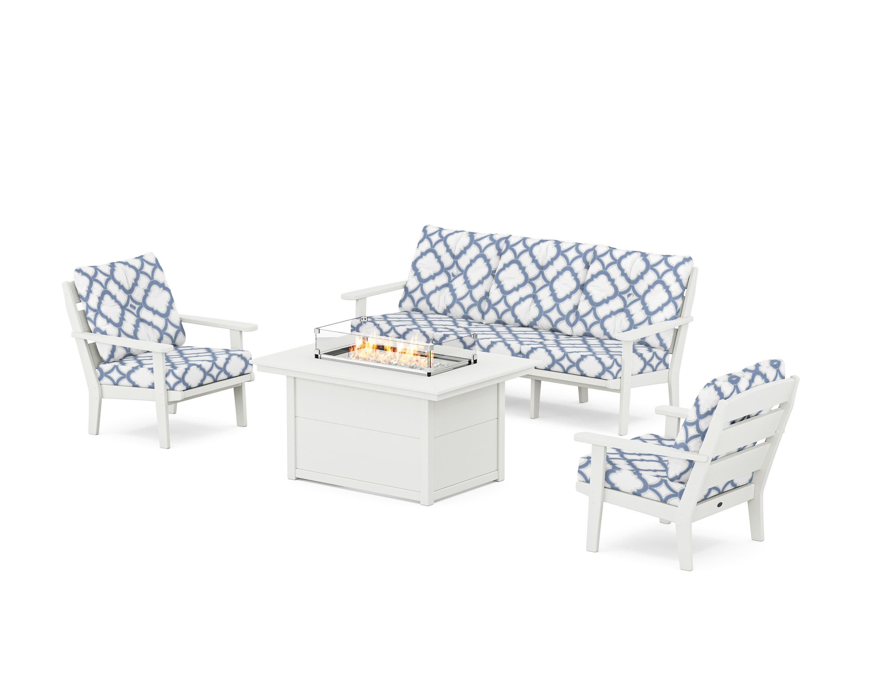 Lakeside Deep Seating Fire Pit Table Set in Vintage White / Trellis Sky Blue
