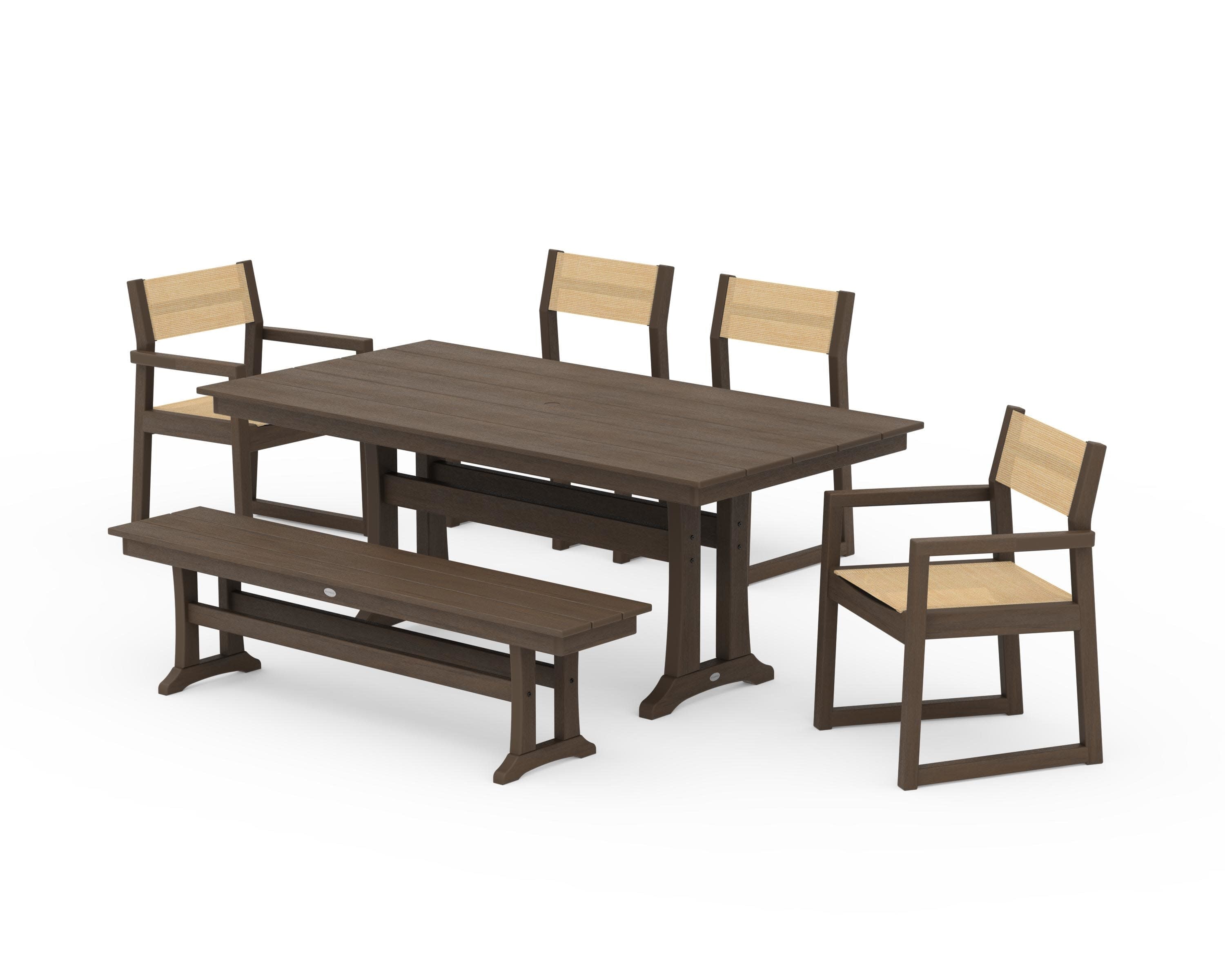 EDGE Sling 6-Piece Farmhouse Dining Set With Trestle Legs in Kona / Dupioni Apricot Sling