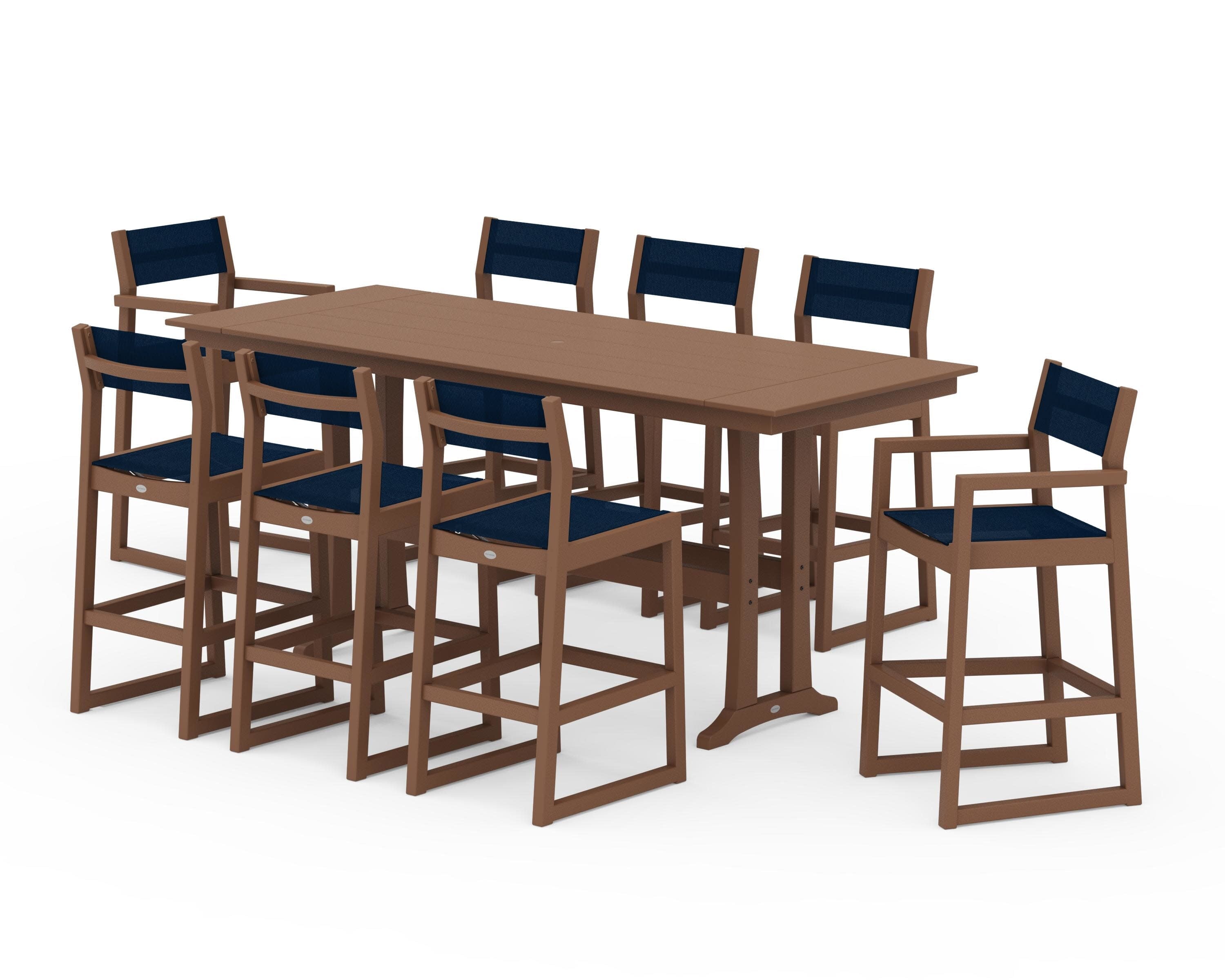 EDGE Sling 9-Piece Farmhouse Bar Set with Trestle Legs in Teak / Navy Blue Sling