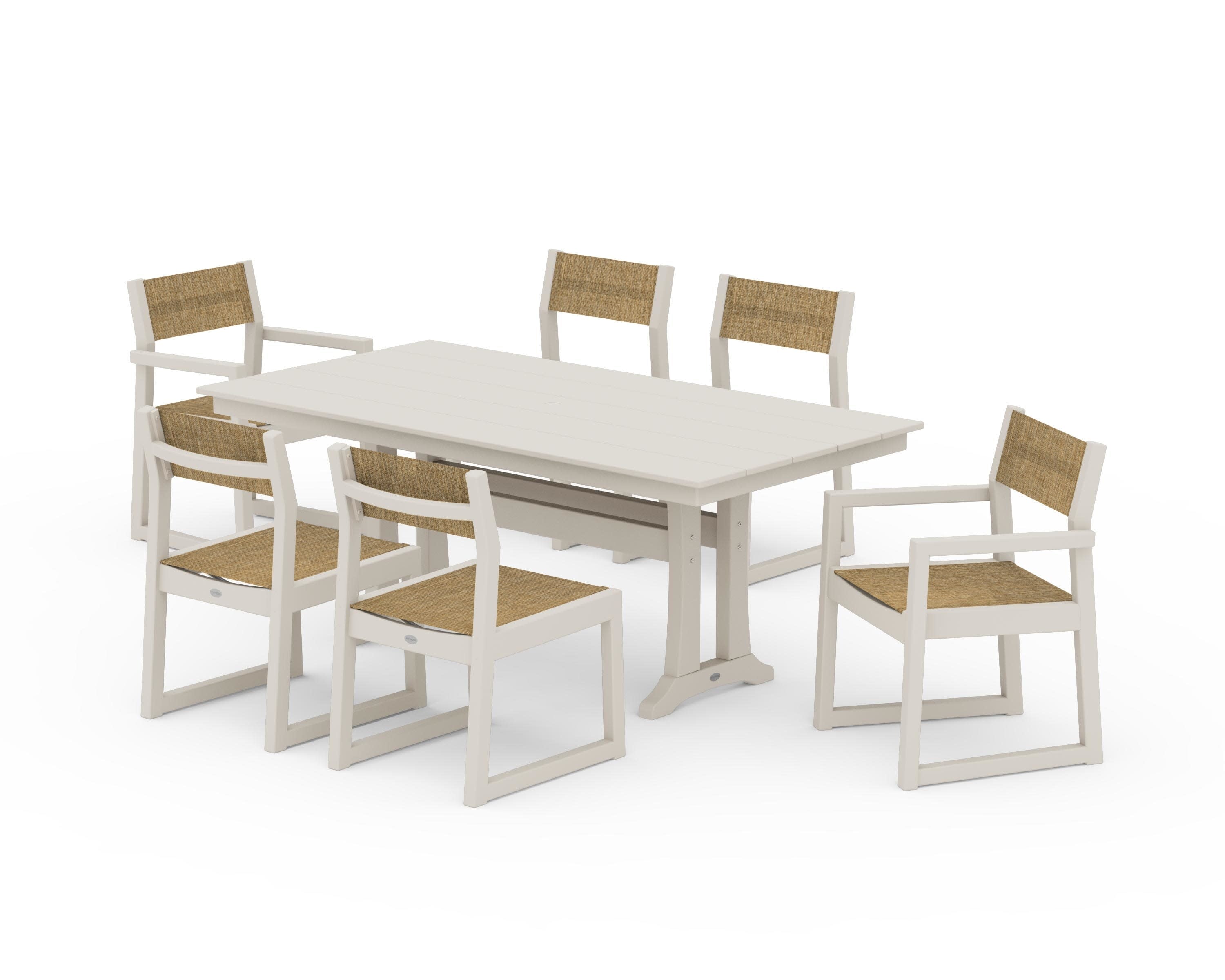 EDGE Sling 7-Piece Farmhouse Trestle Dining Set in Sand / Burlap Sling