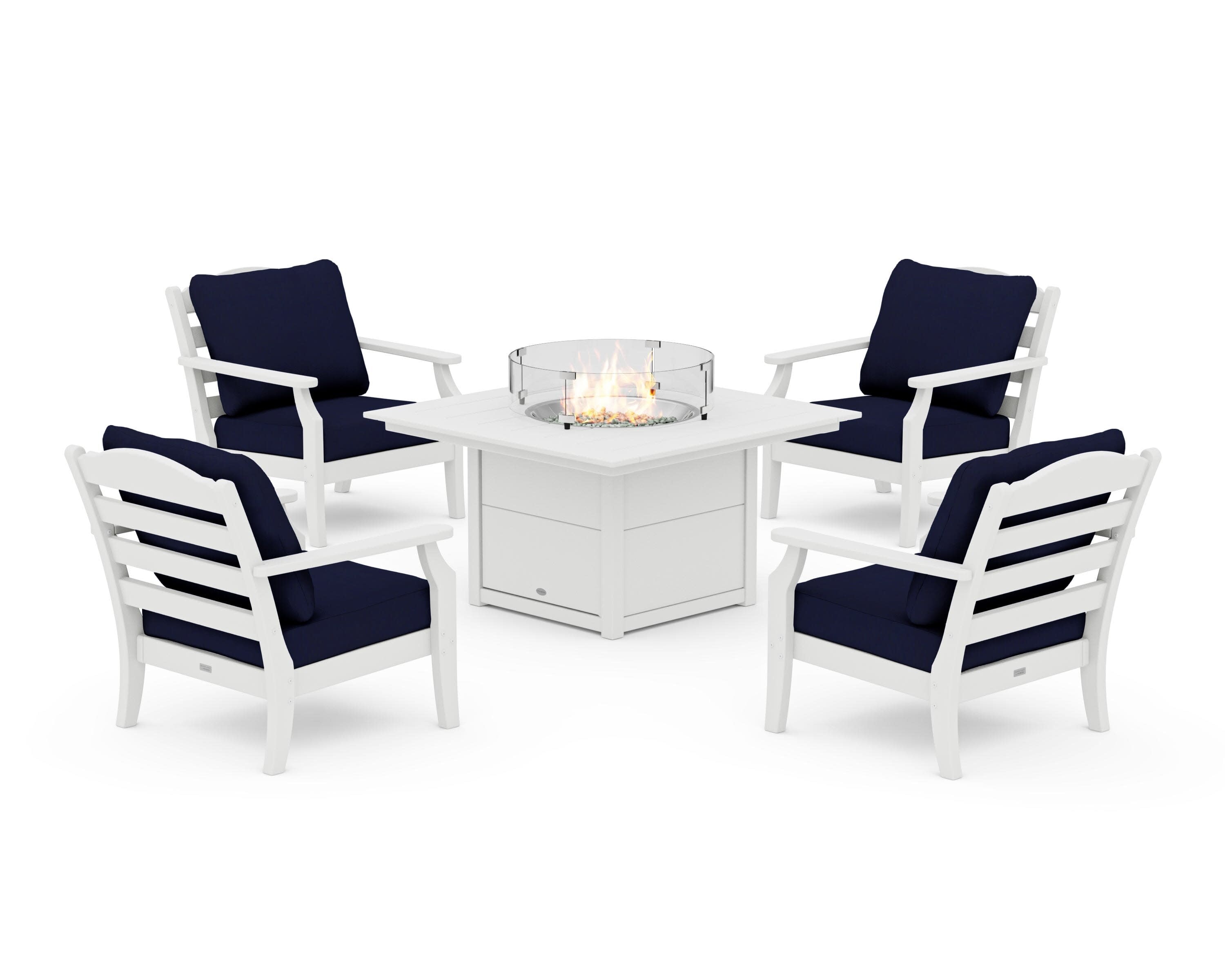 Savannah 5-Piece Deep Seating Set with Fire Pit Table in White / Navy