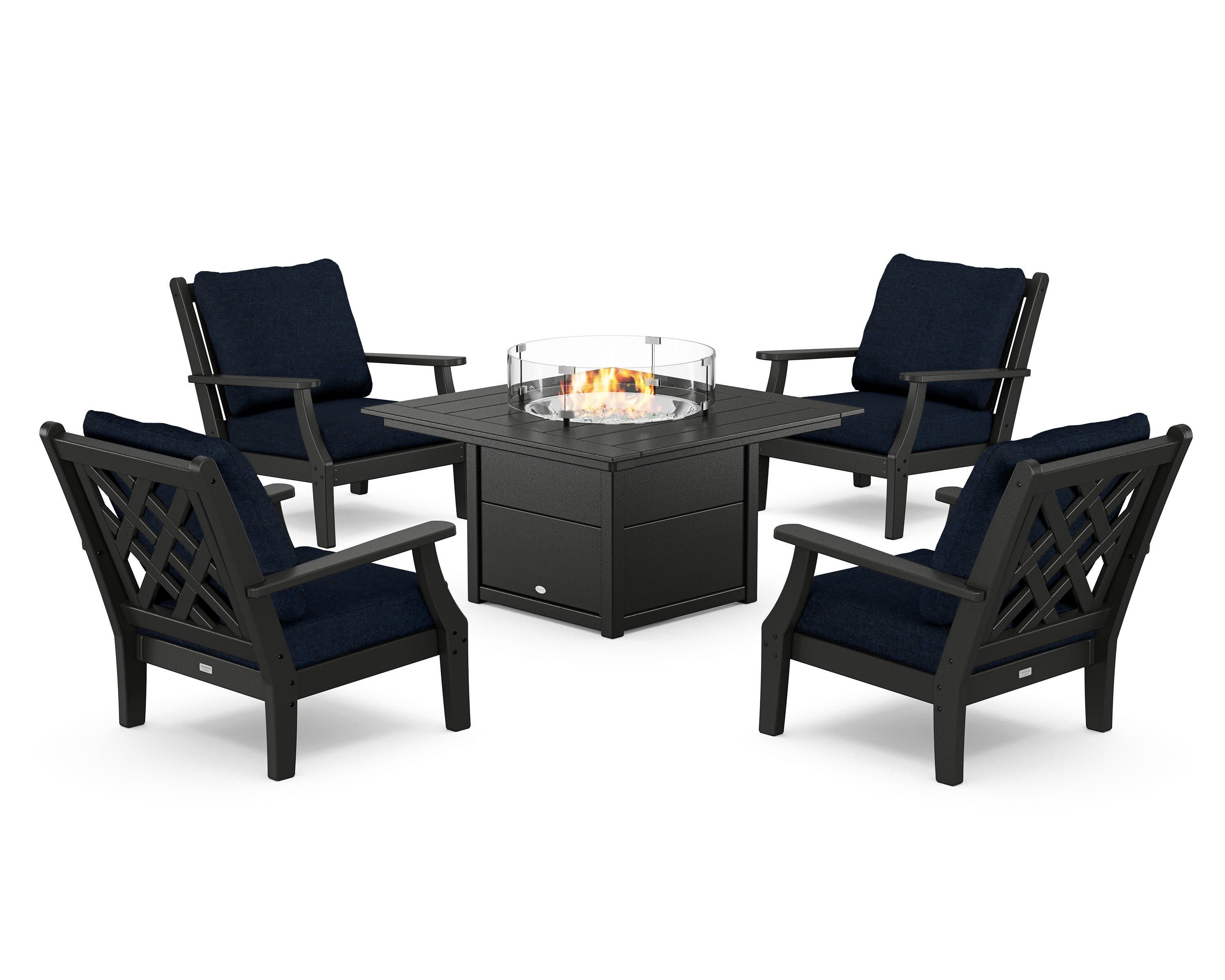 Wovendale 5-Piece Deep Seating Set with Fire Pit Table in Black / Marine Indigo