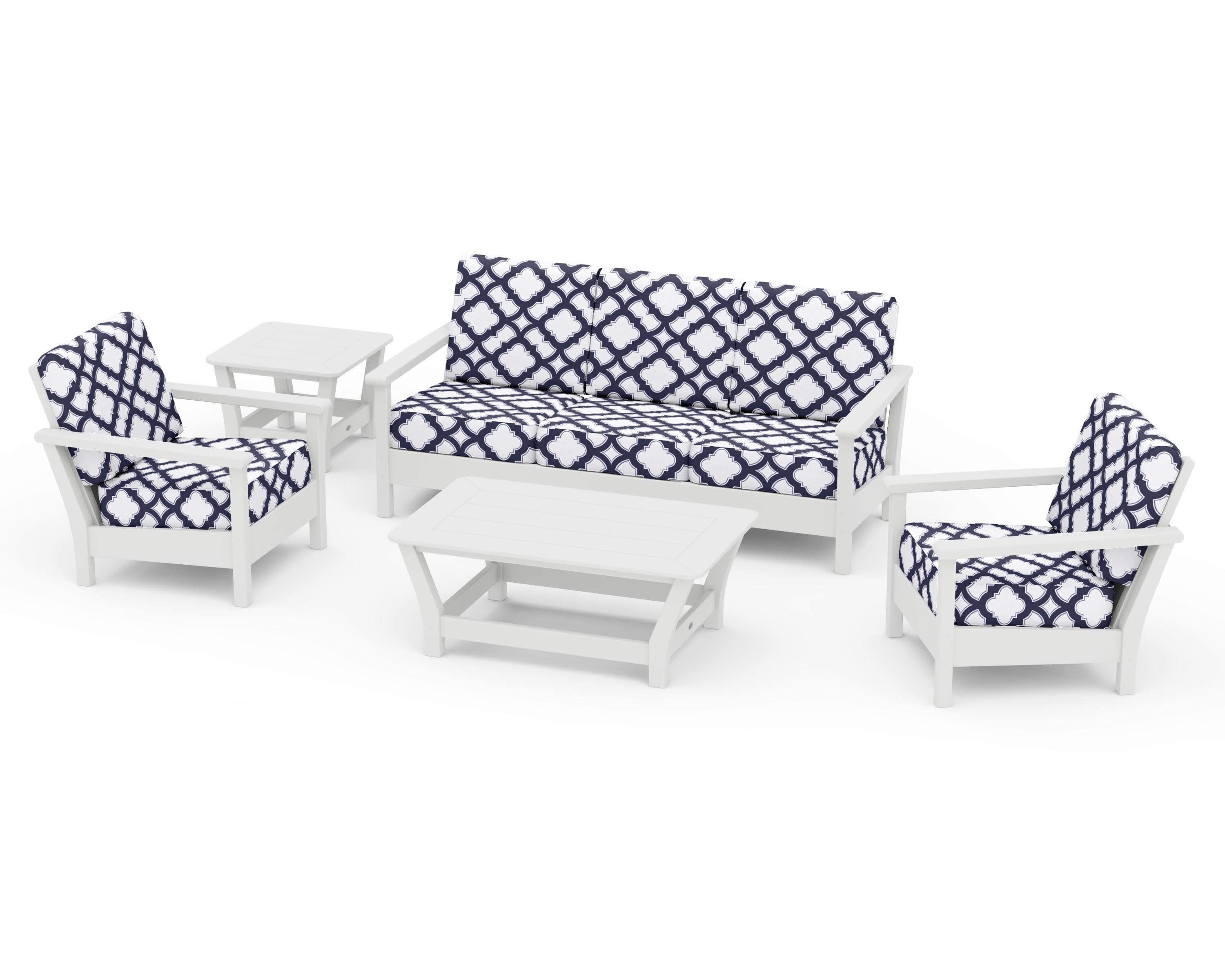 Harbour 5-Piece Deep Seating Set in White / Trellis Navy