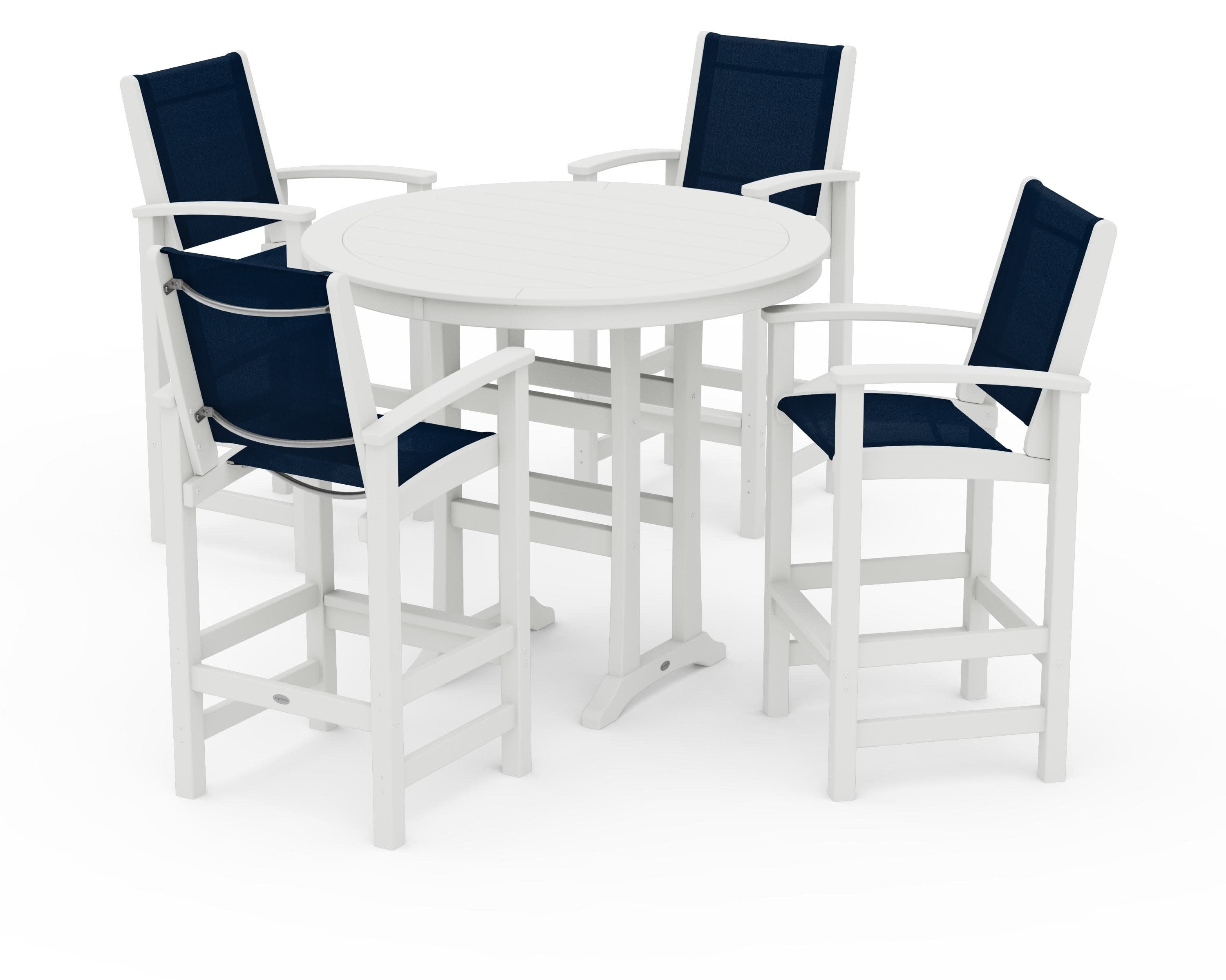 Coastal 5-Piece Nautical Trestle Bar Set in Vintage White / Navy Blue Sling