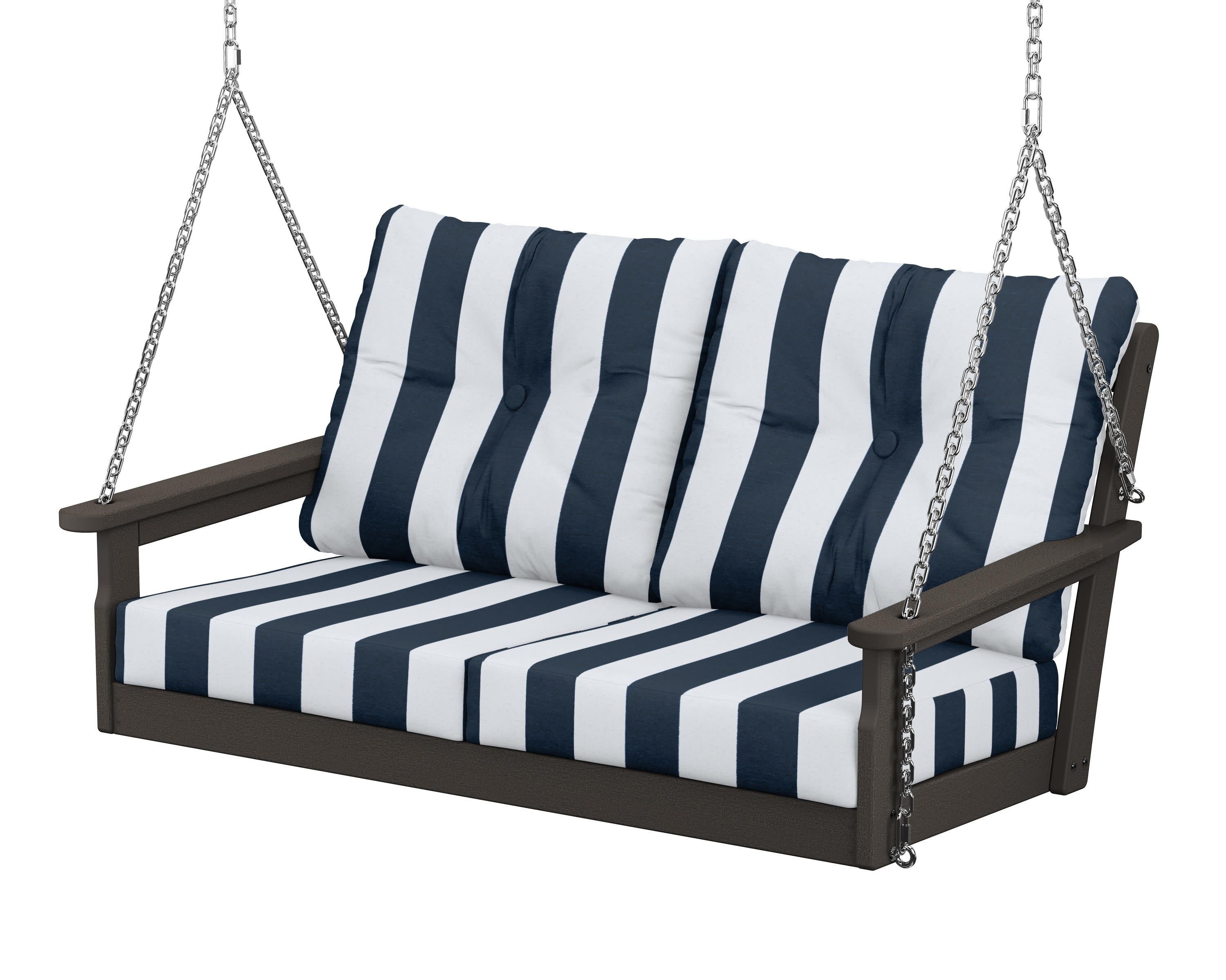 Vineyard Deep Seating Swing in Vintage Coffee / Cabana Stripe Marine Indigo