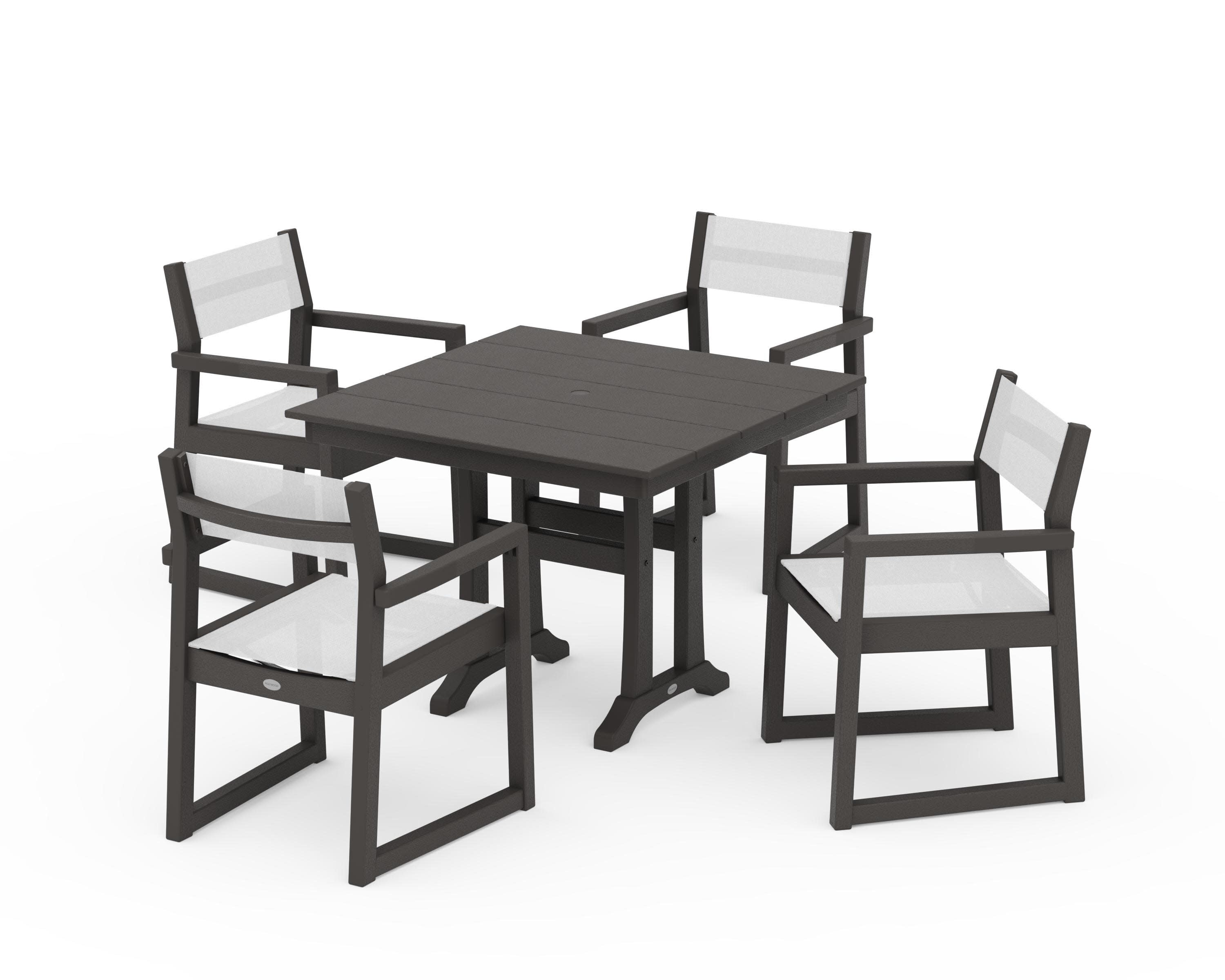 EDGE Sling 5-Piece Farmhouse Dining Set with Trestle Legs in Vintage Coffee / White Sling