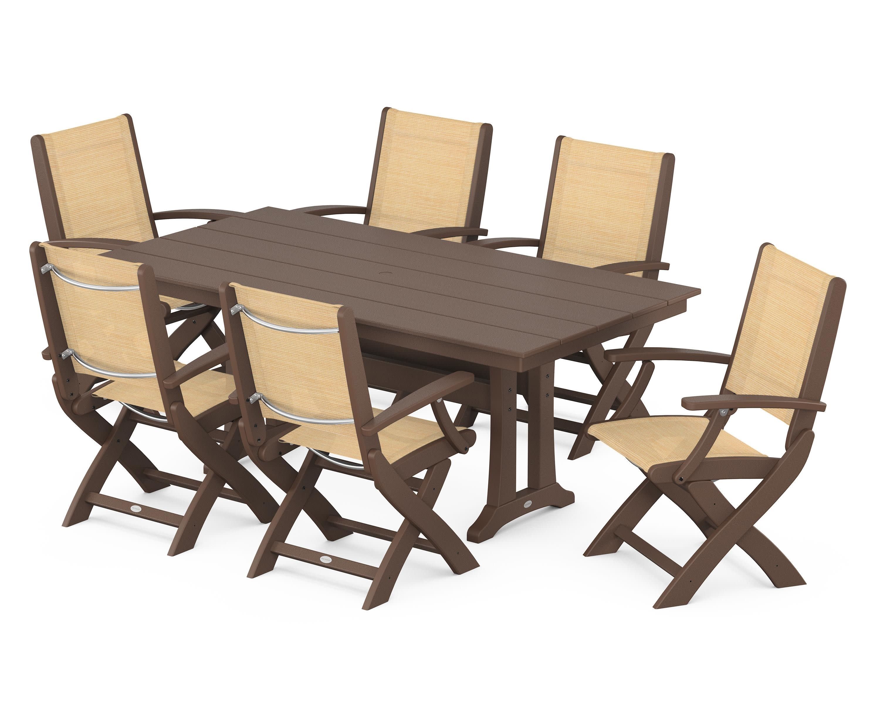 Coastal Folding Arm Chair 7-Piece Farmhouse Dining Set with Trestle Legs in Mahogany / Dupioni Apricot Sling