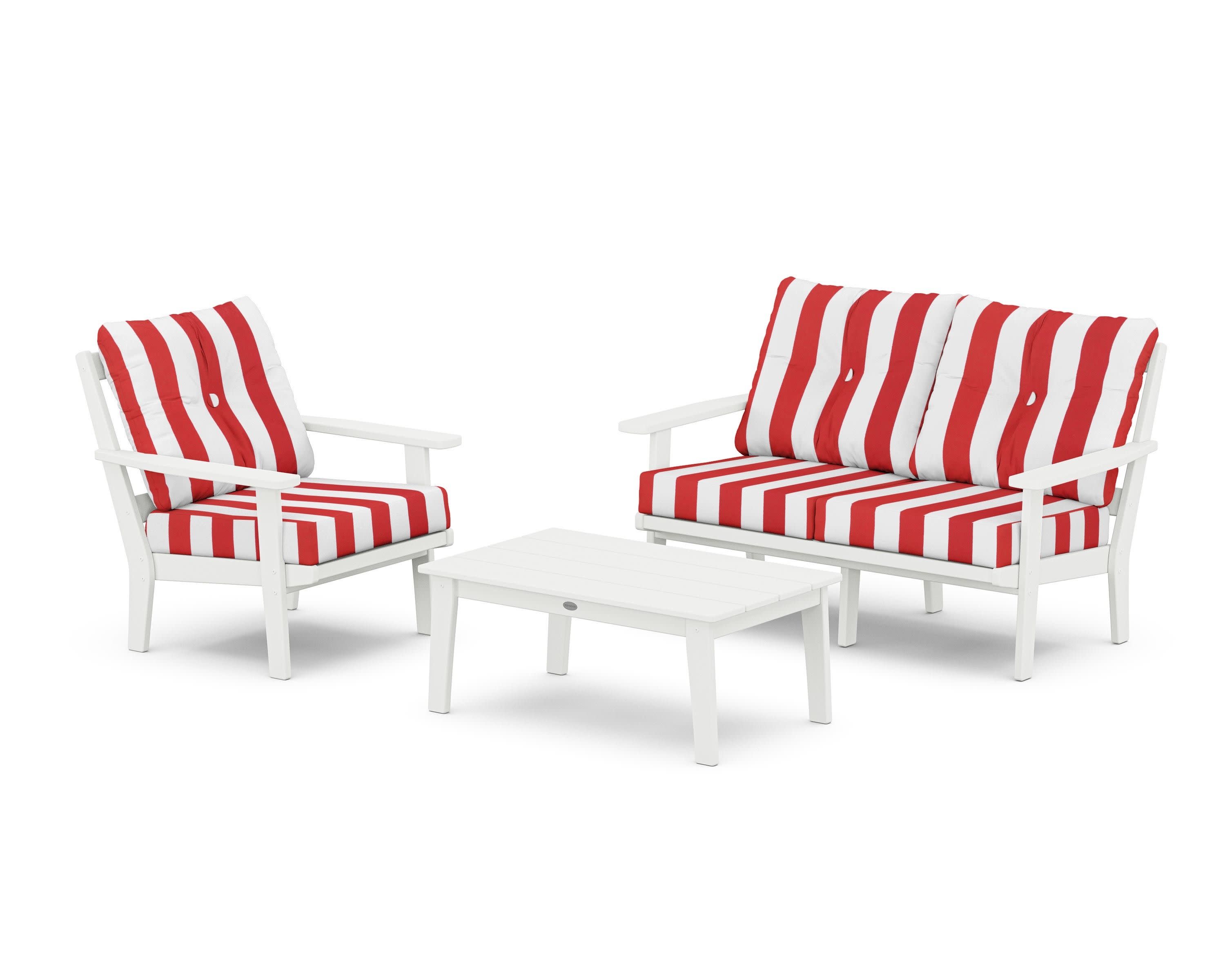 Oxford 3-Piece Deep Seating Set with Loveseat in White / Cabana Stripe Crimson