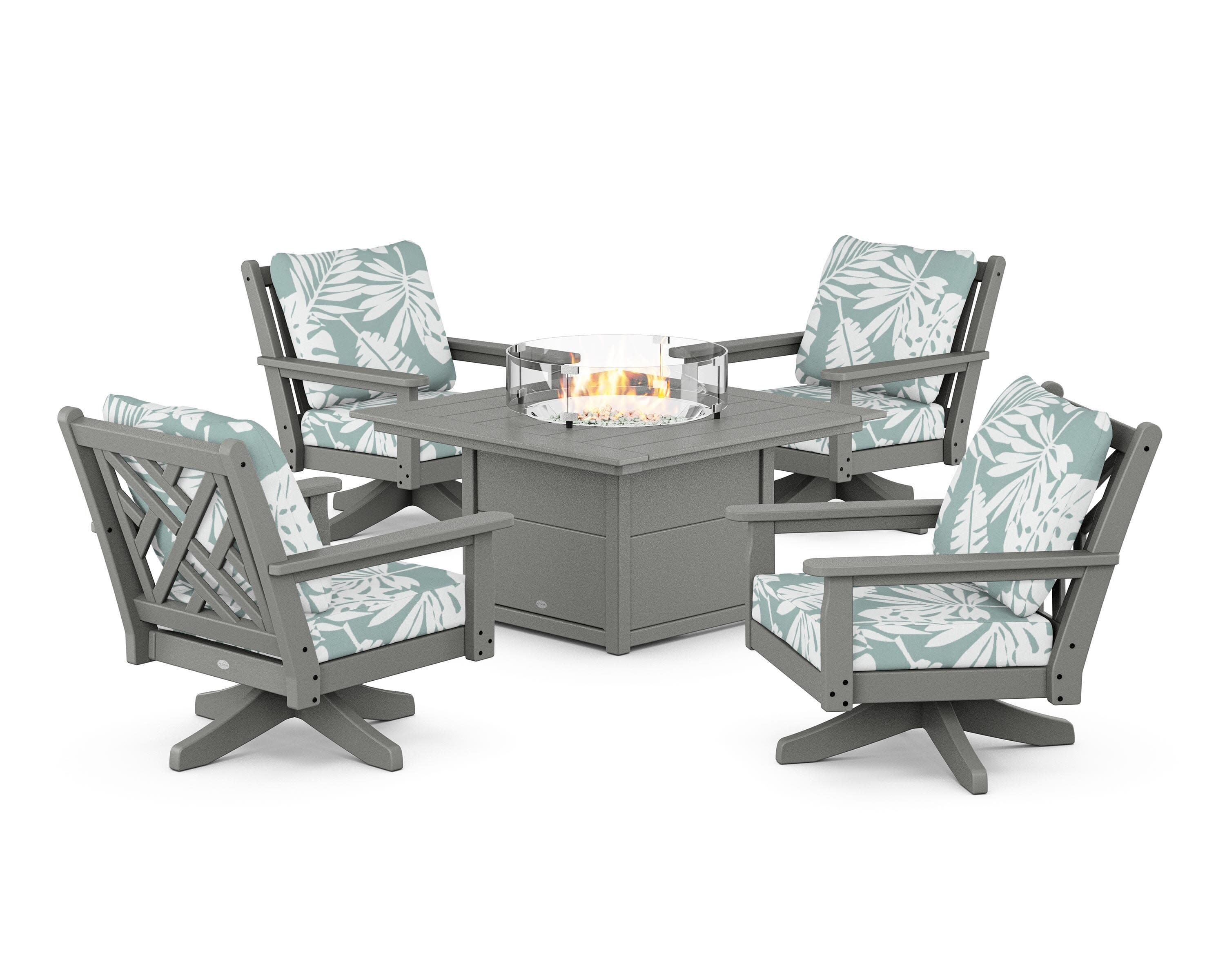 Chippendale 5-Piece Deep Seating Swivel Conversation Set with Fire Pit Table in Slate Grey / Leaf Glacier Spa