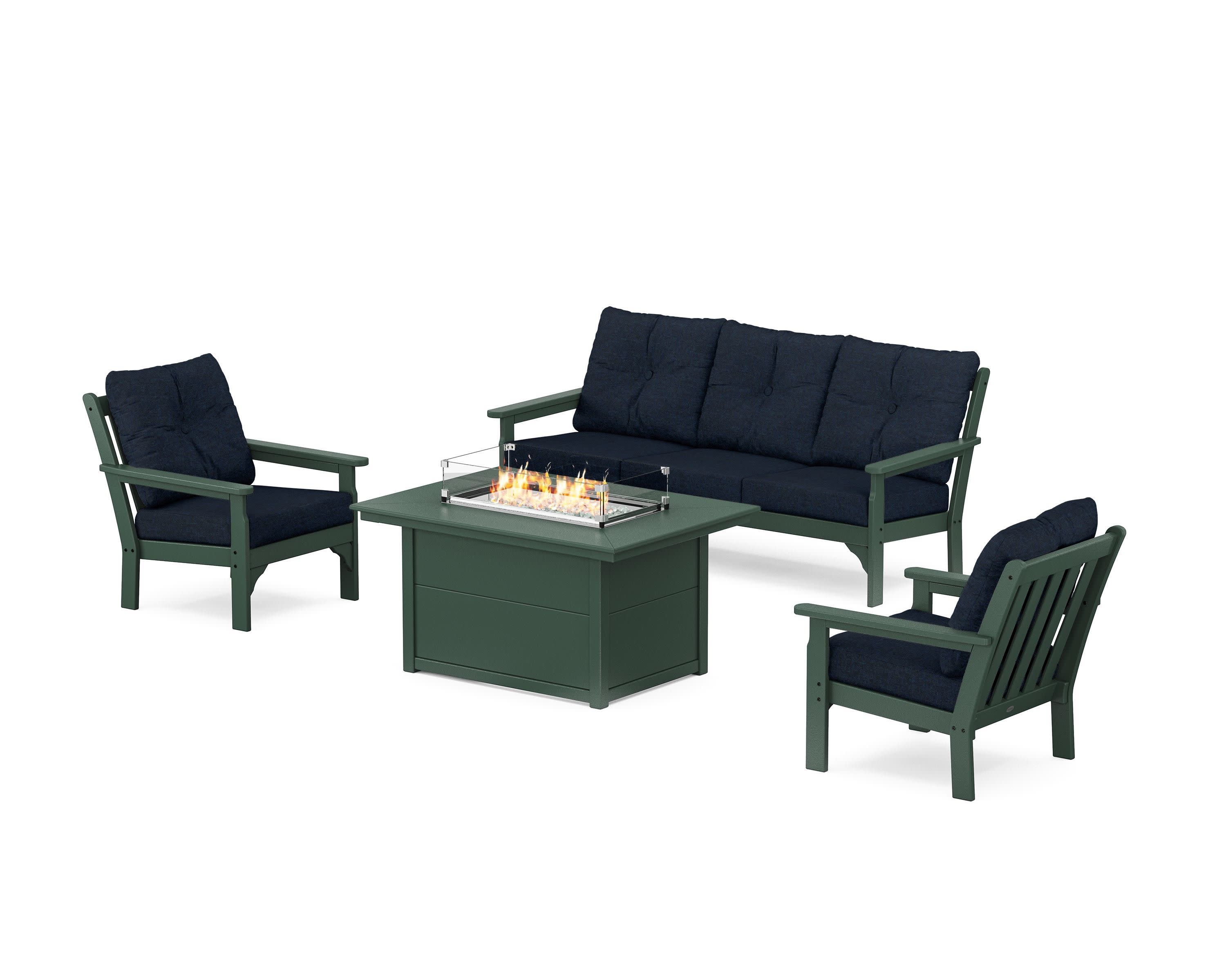 Vineyard Deep Seating Fire Pit Table Set in Green / Marine Indigo