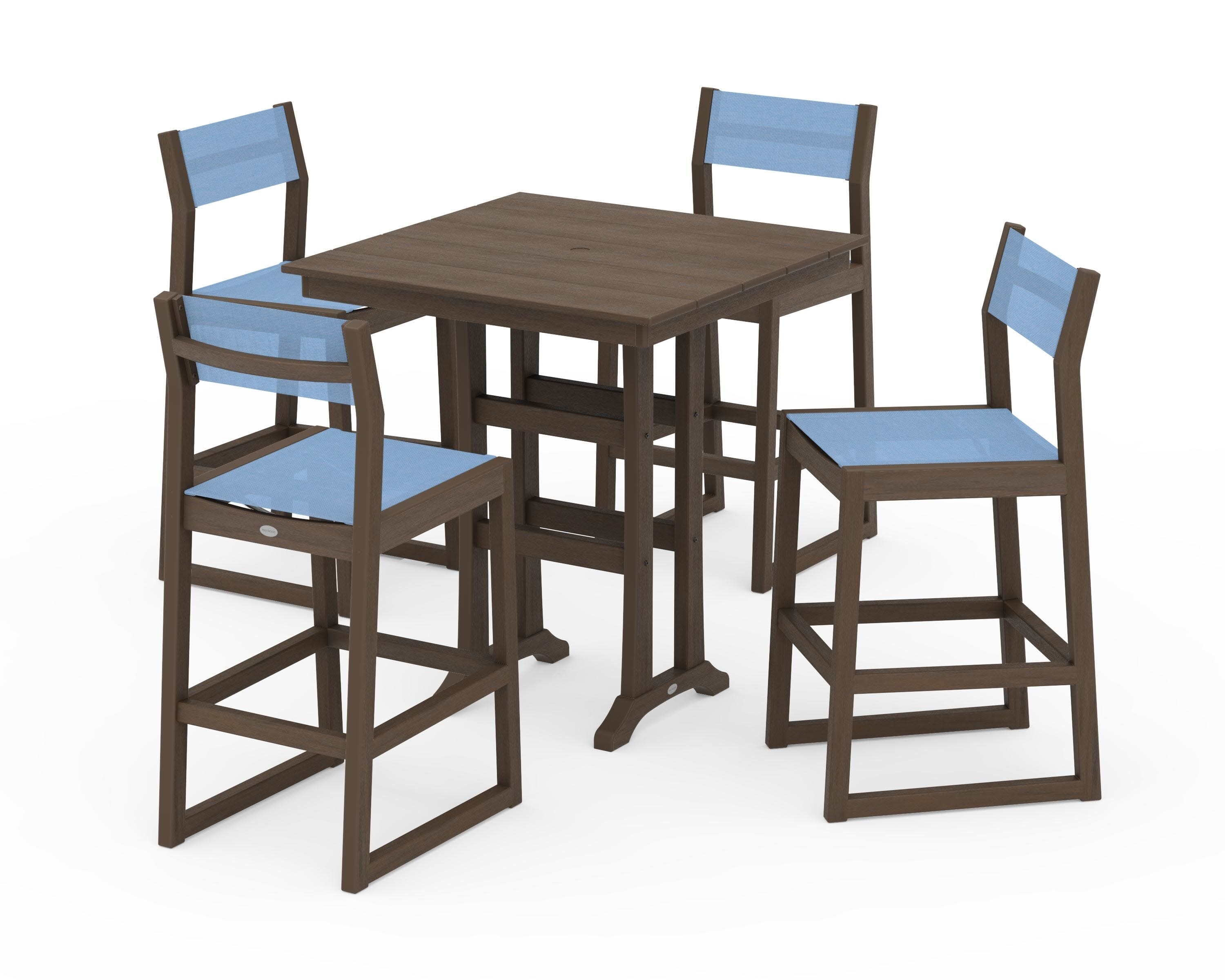 EDGE Sling Arm Chair 5-Piece Farmhouse Bar Set with Trestle Legs in Kona / Poolside Sling
