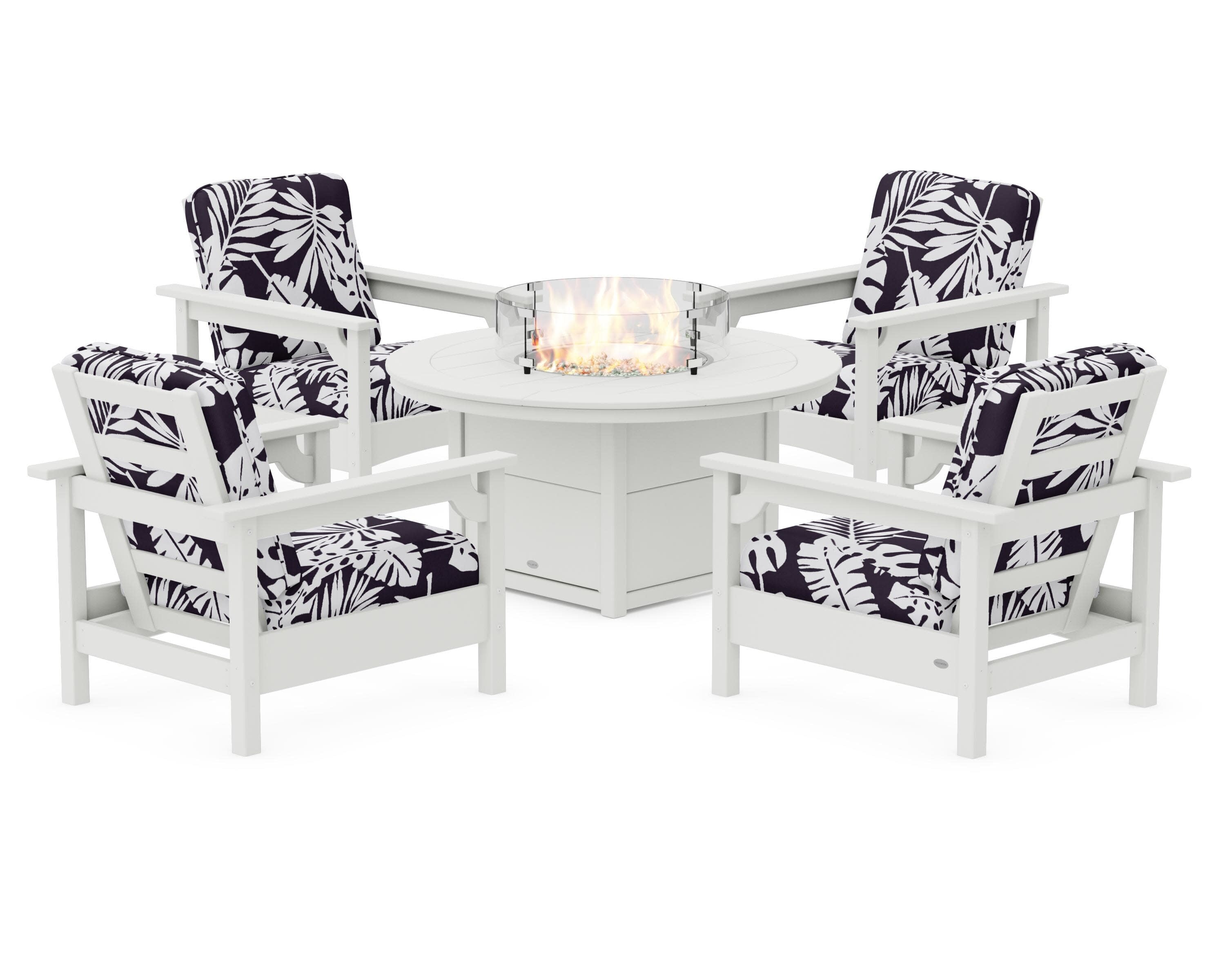 Club 5-Piece Conversation Set with Fire Pit Table in Vintage White / Leaf Navy