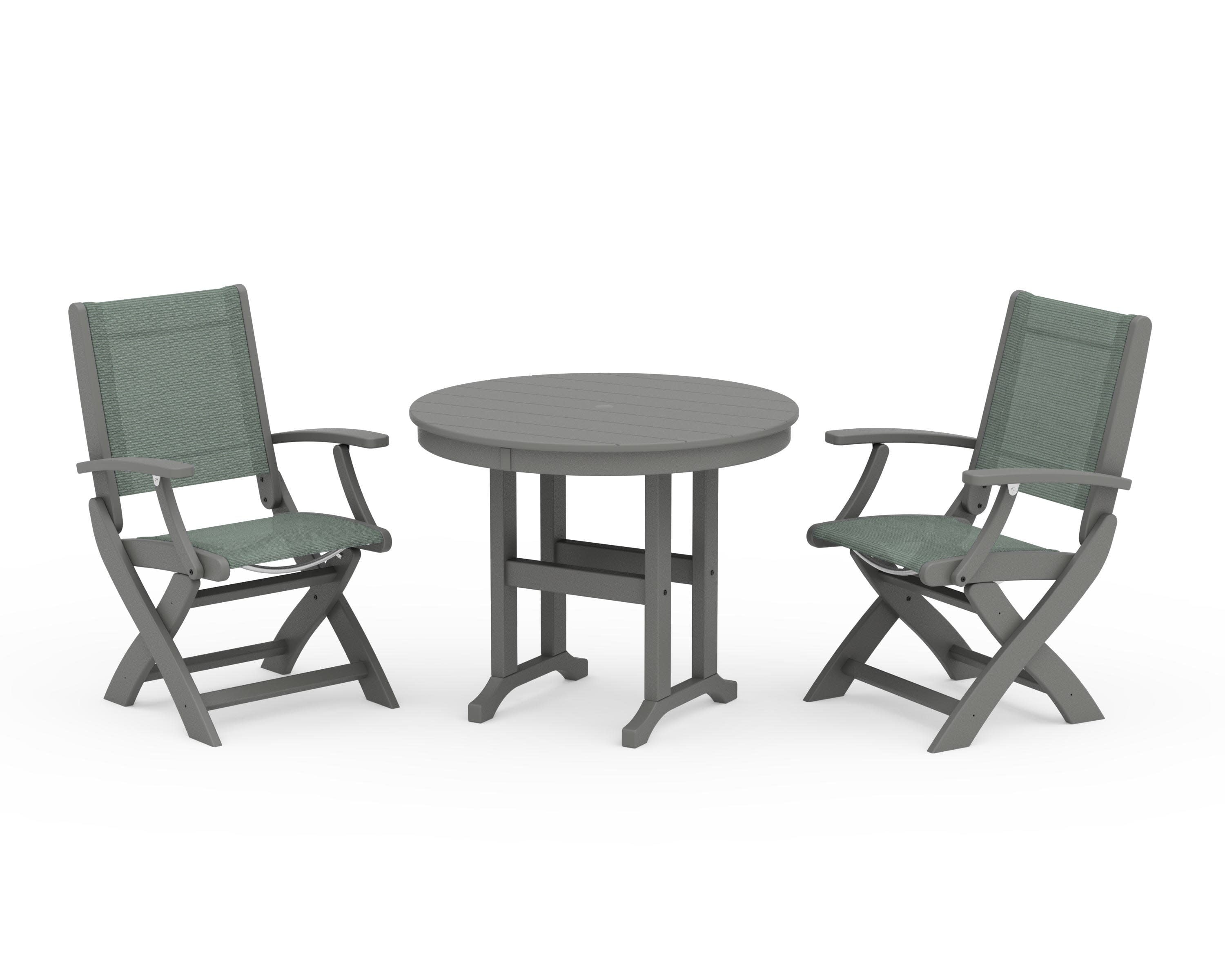 Coastal Folding Chair 3-Piece Round Dining Set in Slate Grey / Dupioni Sea Mist Sling