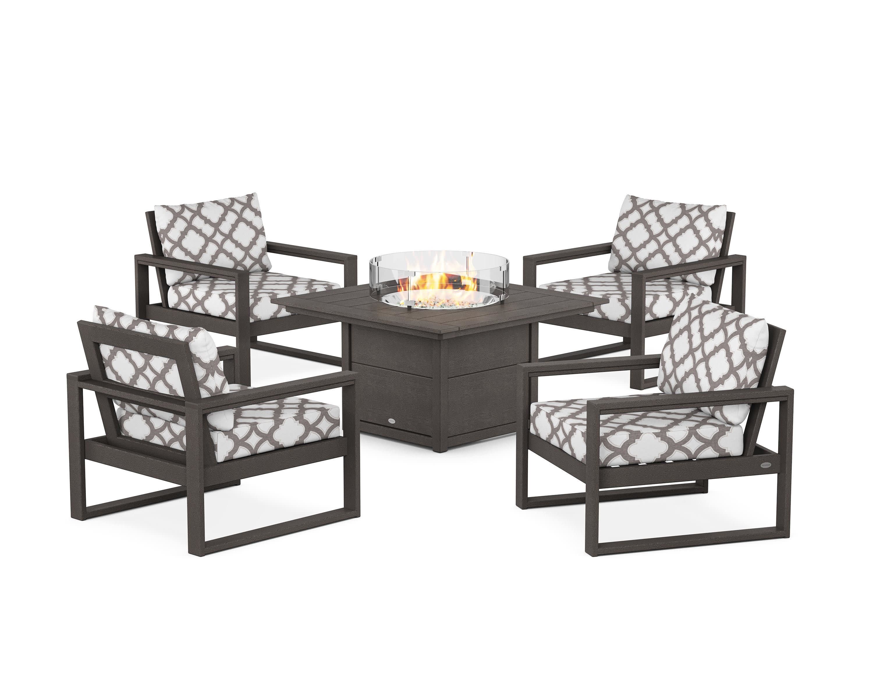 EDGE Sectional 5-Piece Deep Seating Set with Fire Pit Table in Vintage Coffee / Trellis Grey Mist