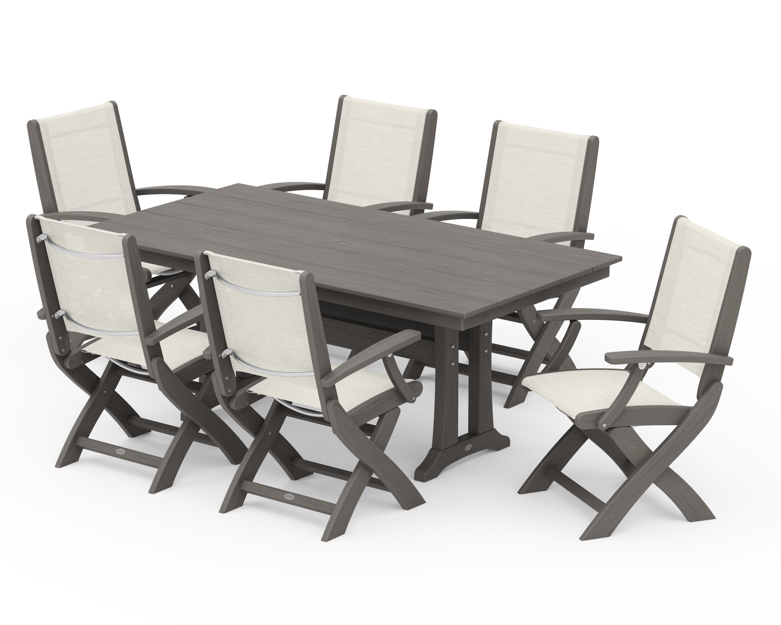 Coastal Folding Arm Chair 7-Piece Farmhouse Dining Set with Trestle Legs in Driftwood / Parchment Sling