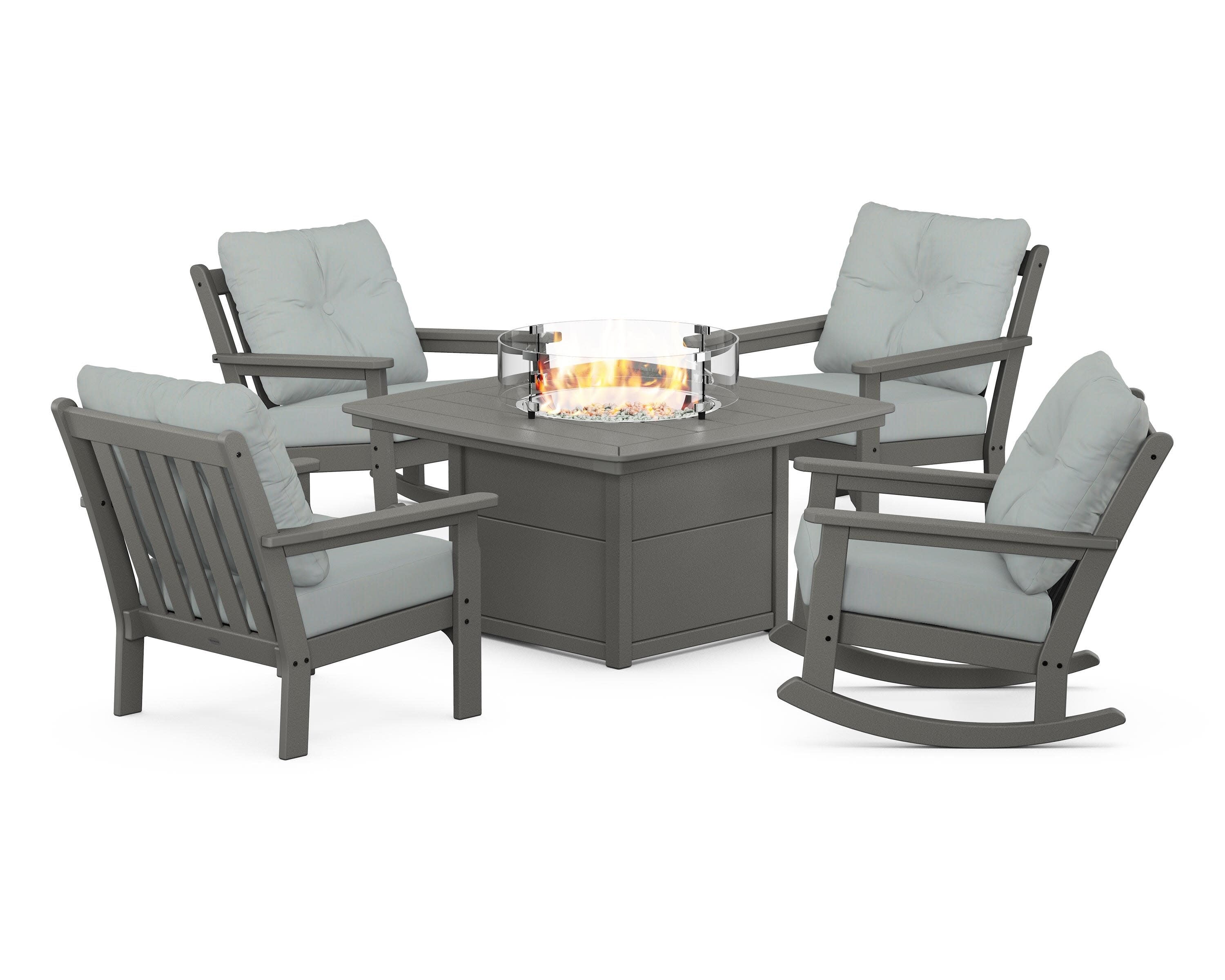 Vineyard 5-Piece Deep Seating Rocking Chair Conversation Set with Fire Pit Table in Slate Grey / Spa
