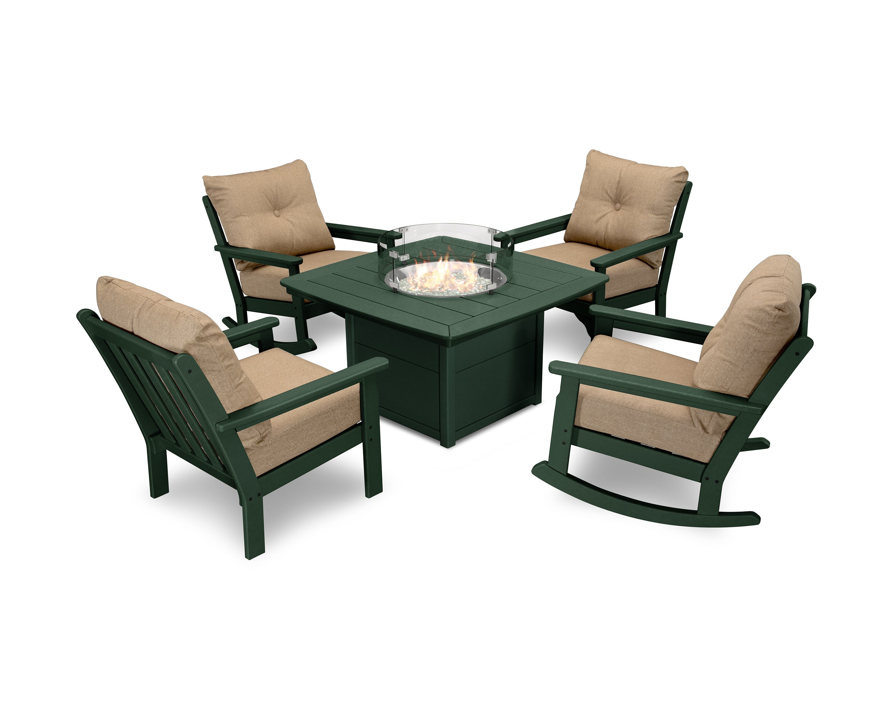 Vineyard 5-Piece Deep Seating Rocking Chair Conversation Set with Fire Pit Table in Green / Sesame