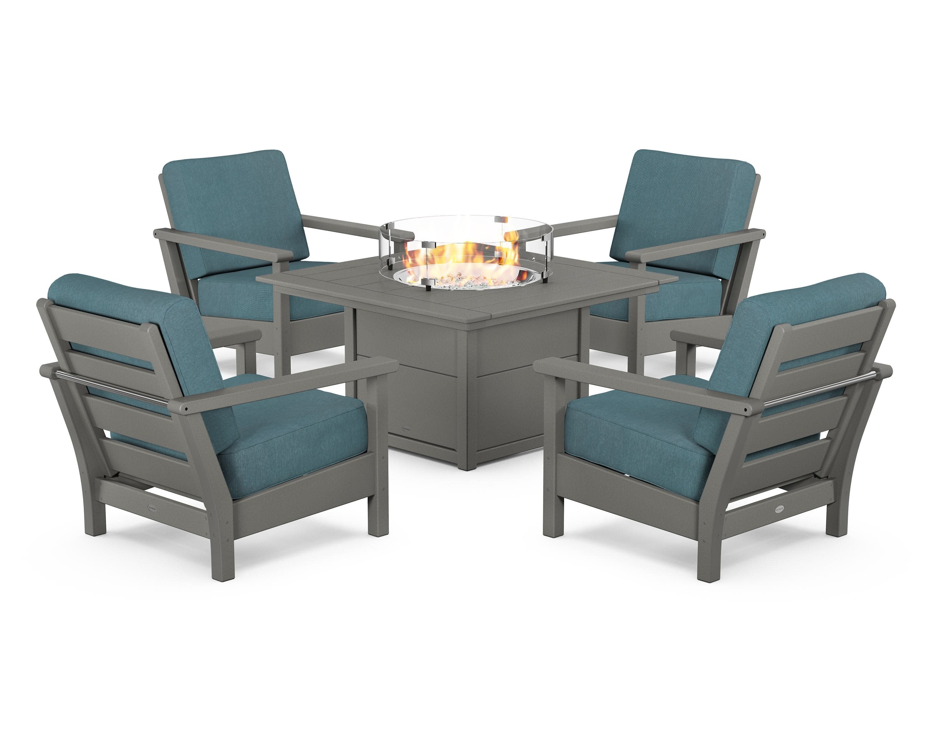 Harbour 5-Piece Conversation Set with Fire Pit Table in Slate Grey / Ocean Teal