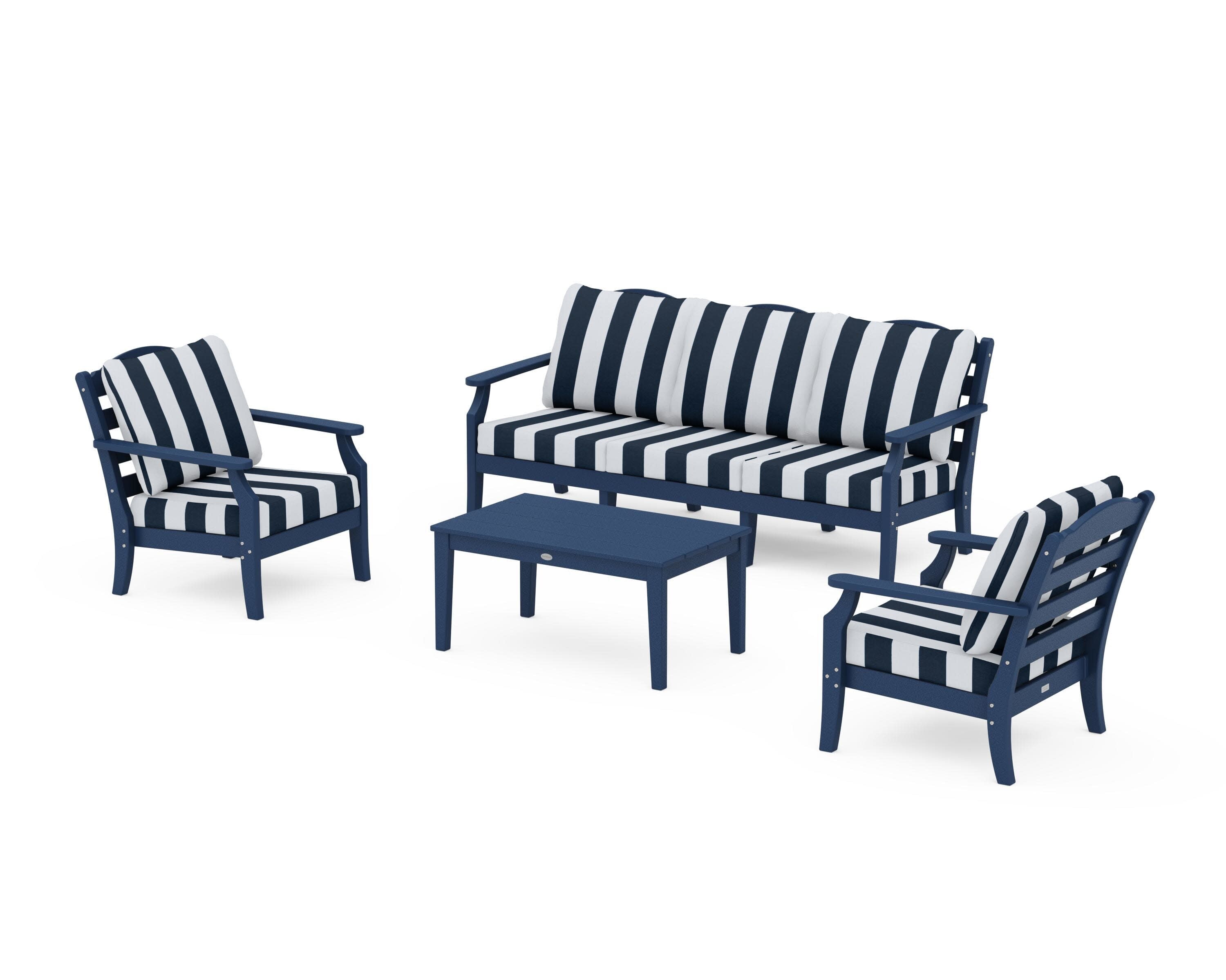 Savannah 4-Piece Deep Seating Set with Sofa in Navy / Cabana Stripe Marine Indigo