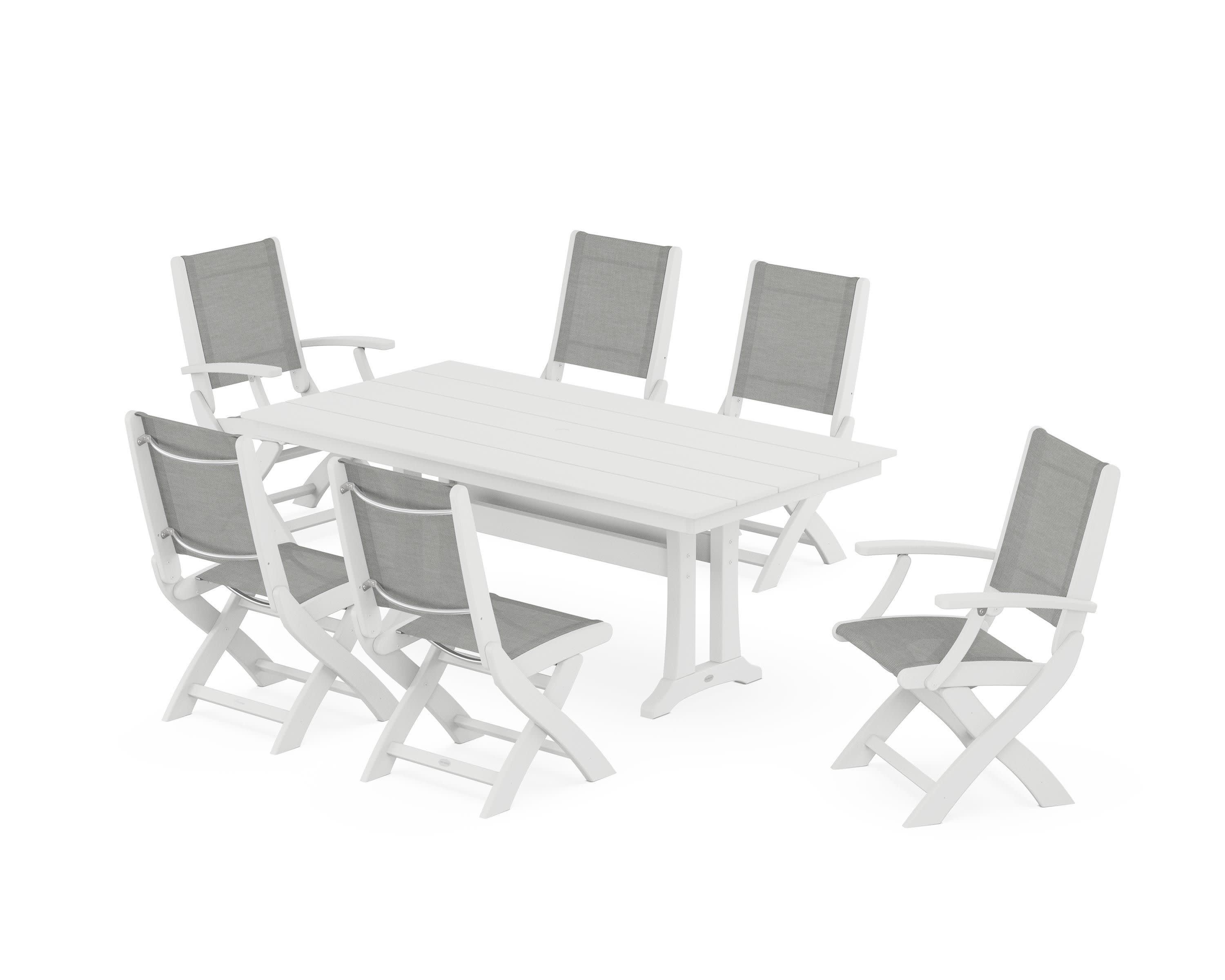 Coastal Folding Chair 7-Piece Farmhouse Dining Set with Trestle Legs in White / Metallic Sling