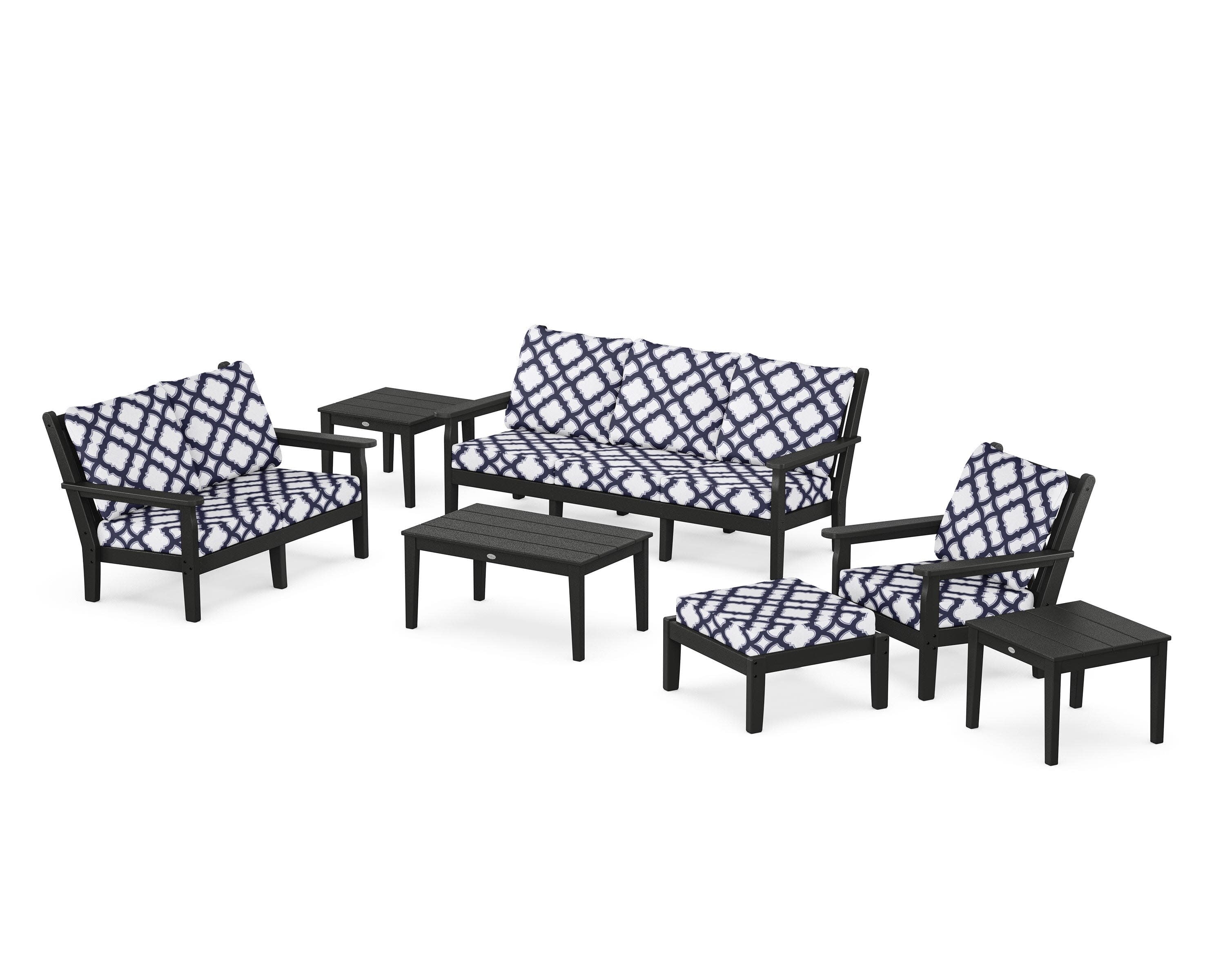 Chippendale 7-Piece Deep Seating Set in Black / Trellis Navy
