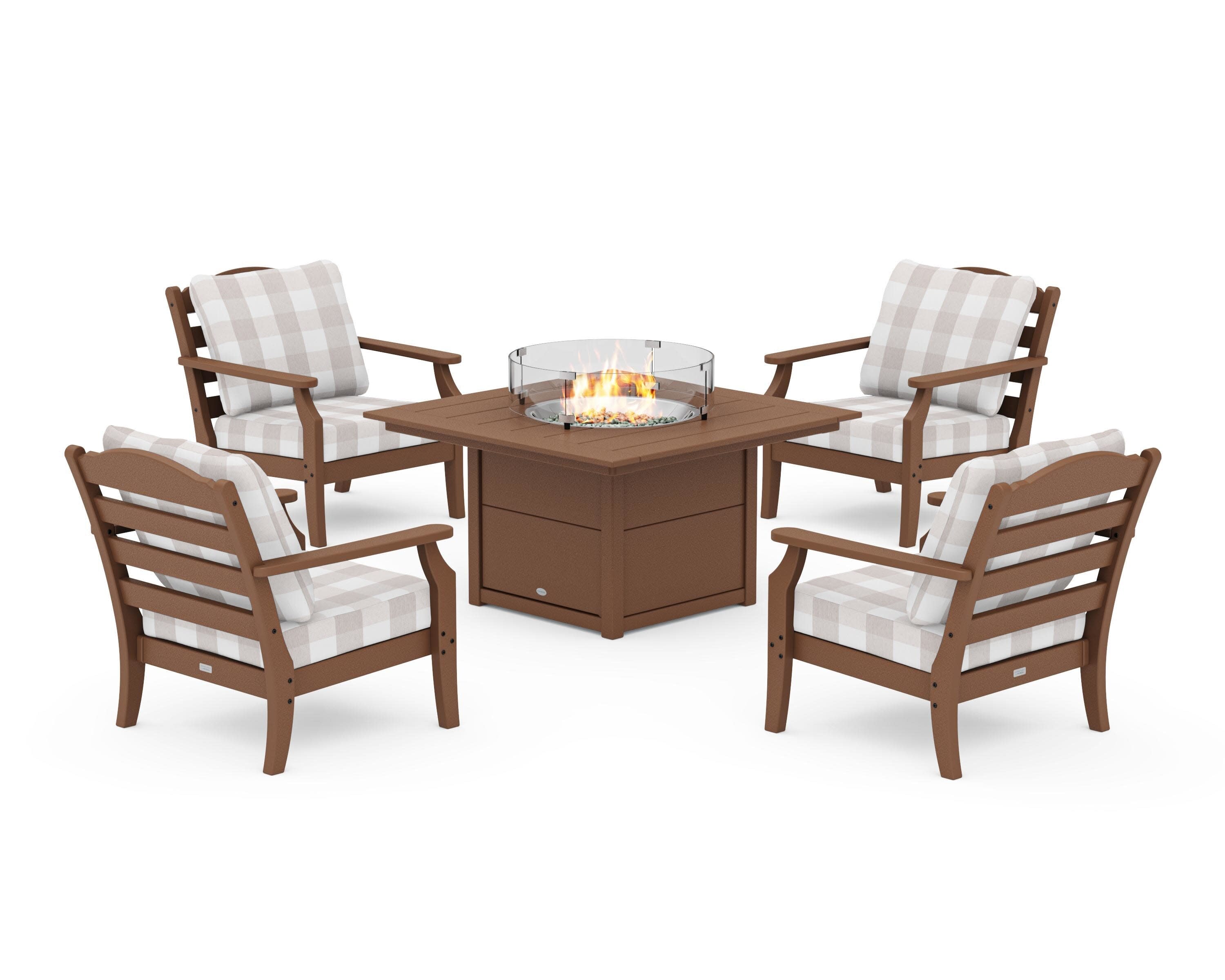 Savannah 5-Piece Deep Seating Set with Fire Pit Table in Teak / Buffalo Plaid Dune Burlap